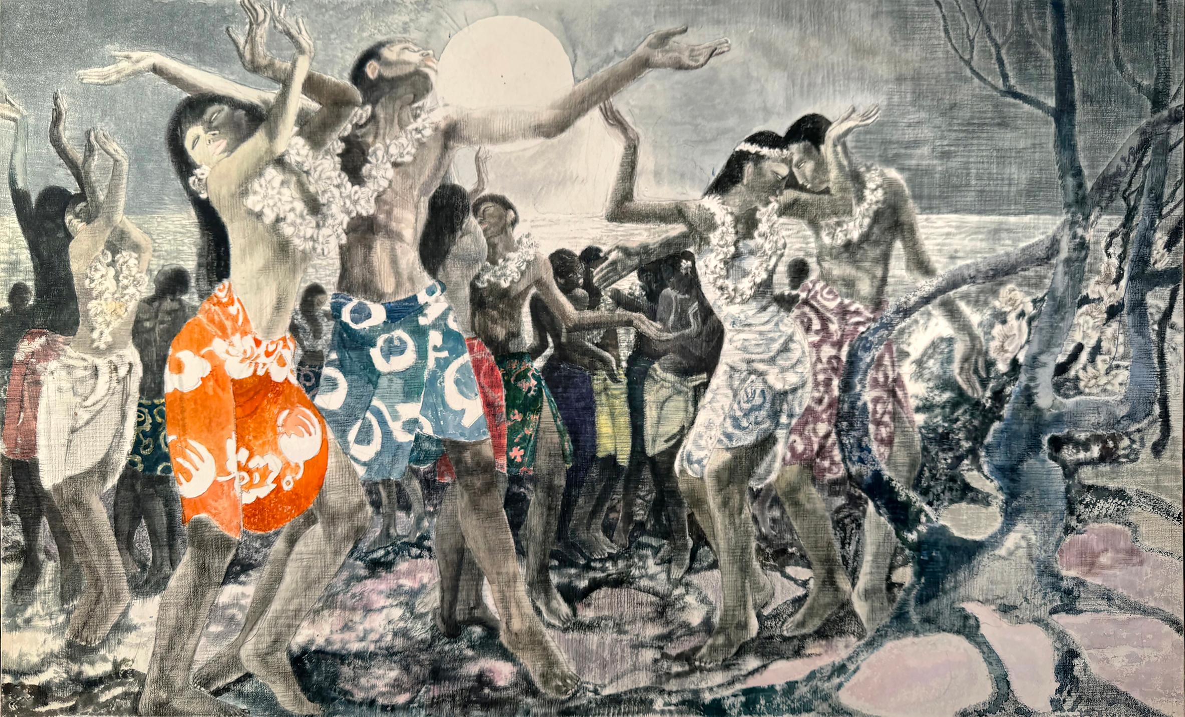 Gianni Benvenuti Nude - Polynesian Dance at Sunset Watercolor Mixed Media Artwork, 21.25x13"