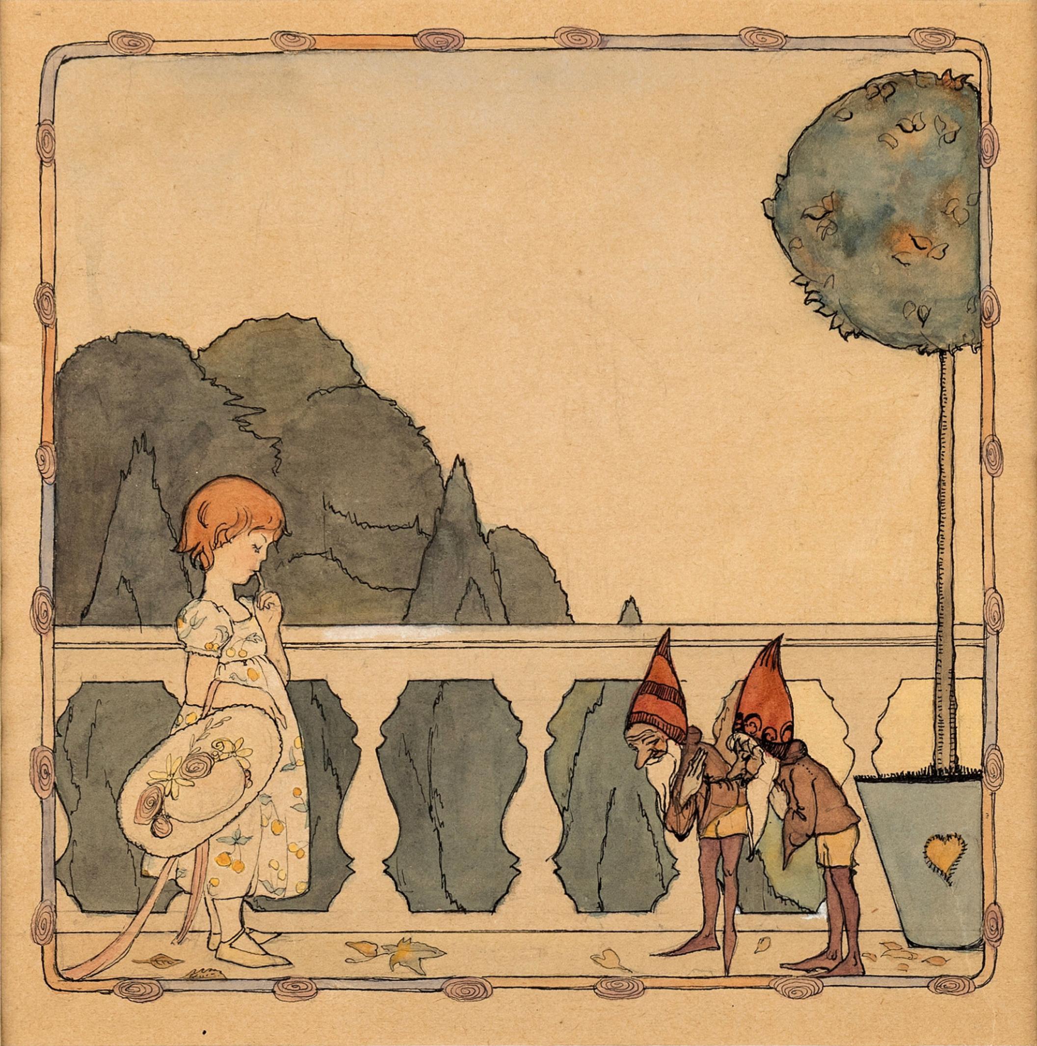 Illustration de conte de fées - La fille et les gnomes courtois Art original