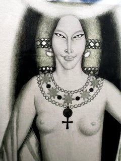 Illustration originale Art déco La femme écarlate de Babylone avec des monstres