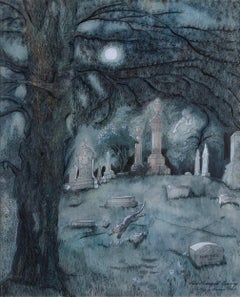 Gato corriendo de noche por un cementerio Arte original Ilustradora femenina