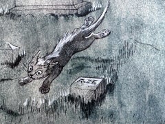 Gato corriendo de noche por un cementerio Arte original Ilustradora femenina