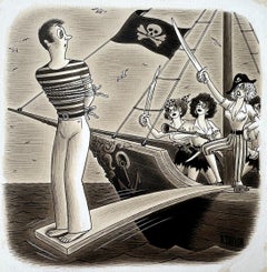Walking the Plank Cartoon, Männlicher Chauvinist bekommt sein Recht, Original Kunstwerk