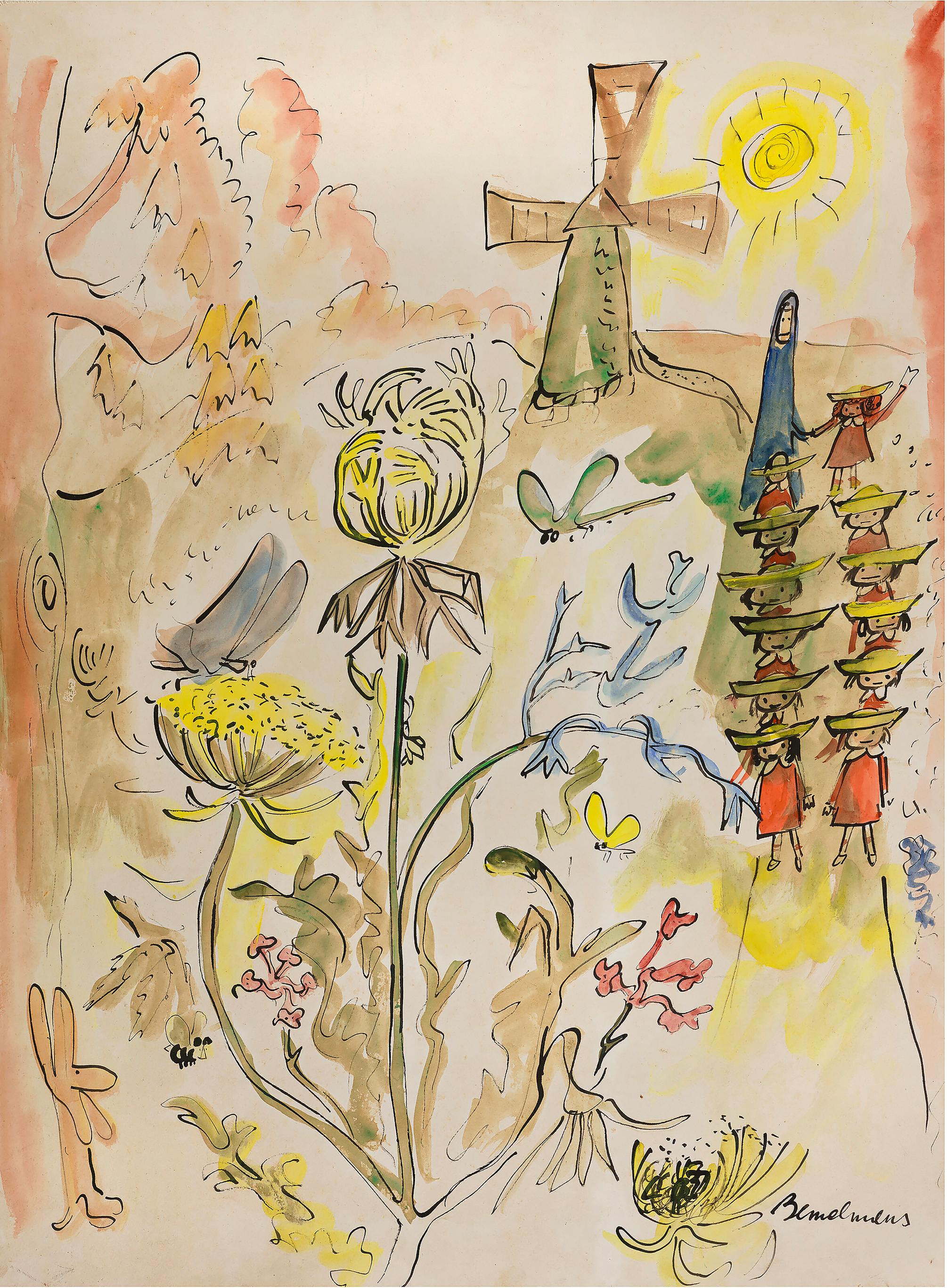 «Madeline en un jardín con un molino de viento» — Obra de arte original: doce niñas pequeñas