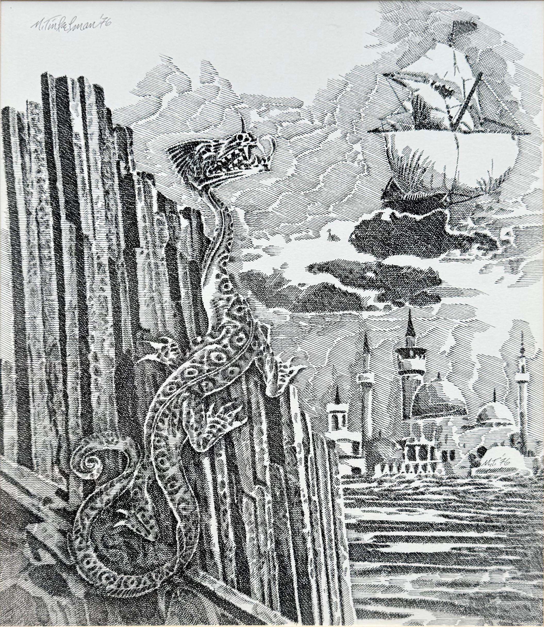 Landscape Art di Murray Tinkelman - H. & A. "Lovecraft: La ricerca onirica dell'ignoto Kadath" - Opera d'arte originale in vendita, Dragon