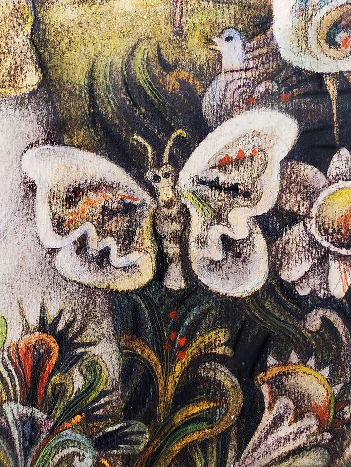 Altalena da golf con farfalla psichedelica, galline divertenti e fiori vivaci - Painting di Abe Gurvin