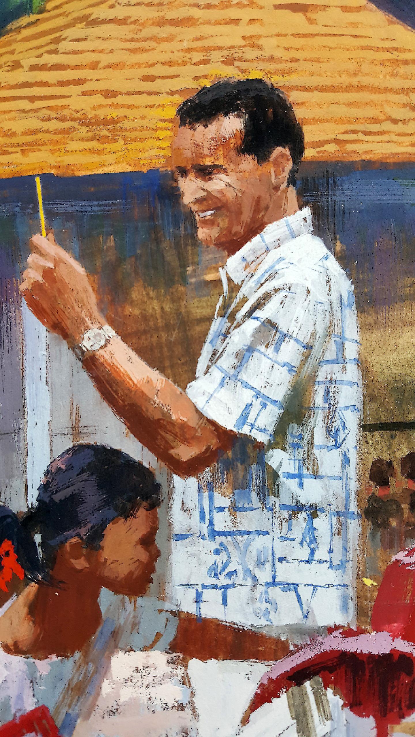 TropicalHawaiian School. Teacher and children,  Illustration Art  General Ele - Painting by Howard  Terpning