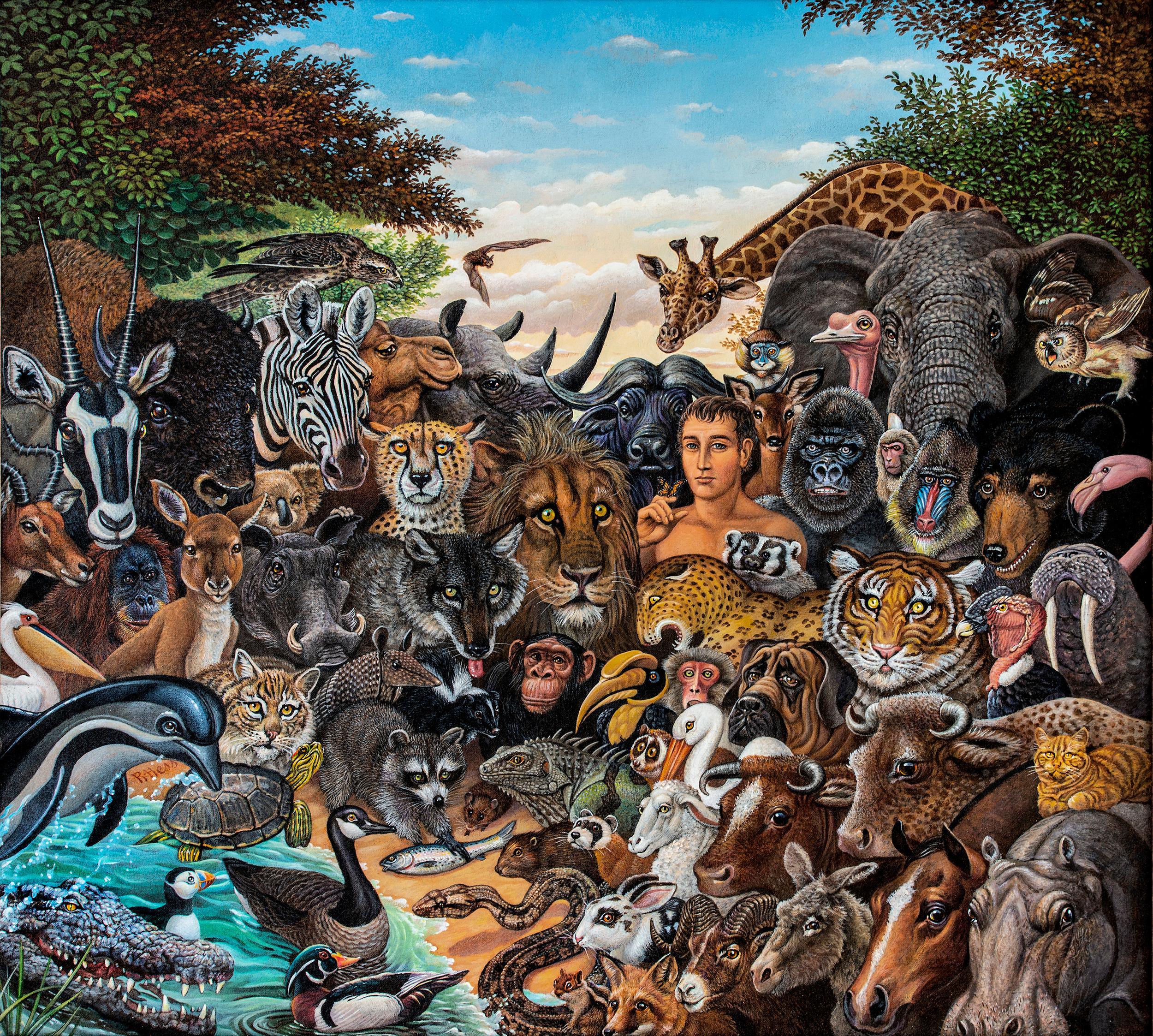 Animal Kingdom, Zebra, Buffalo, Lion, Giraffe, Elephant, Monkey, Tiger,  Gorilla - Brown Portrait Painting by Richard Hess