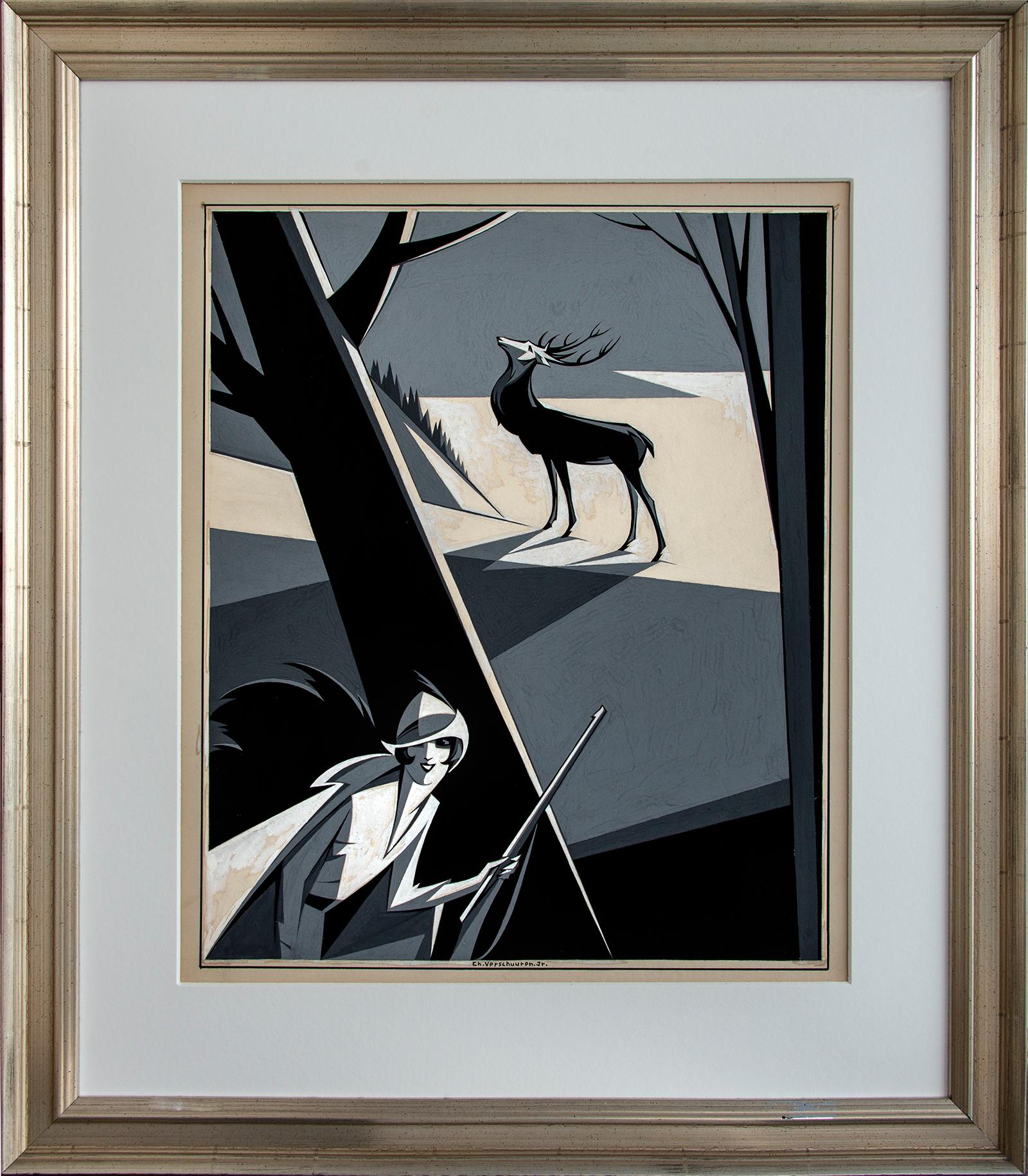 Female hunter stalks Stag,  Art Deco Brooklyn Daily Eagle Sunday Magazine Cover - Painting by Charles Verschuuren