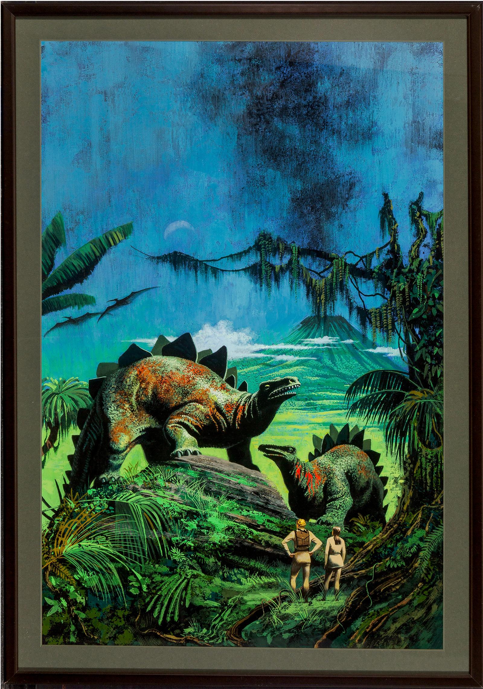 Dinosaurs and volcano. Jurassic park like image - Painting by Don Punchatz