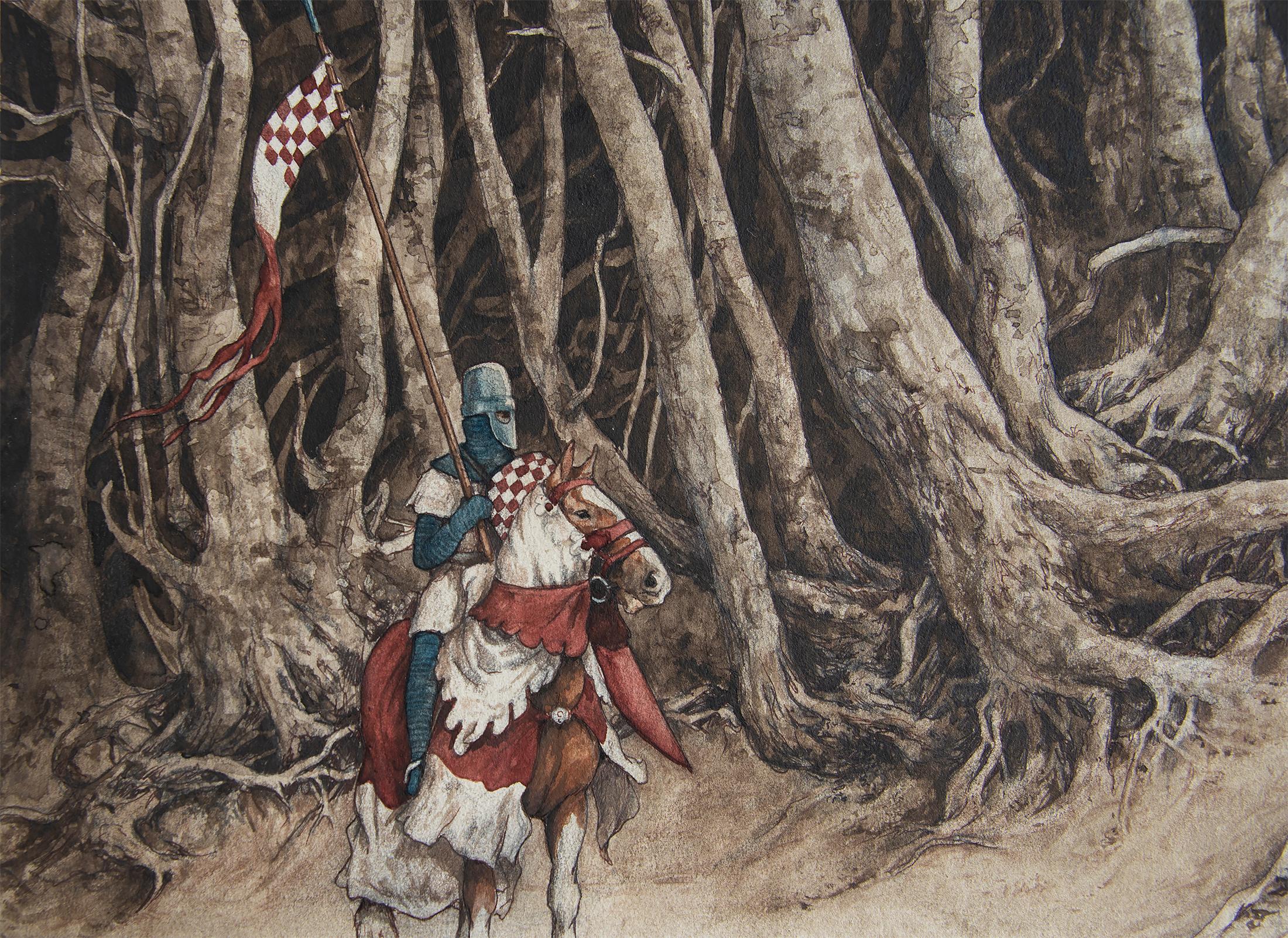 Goblin and Knight on White Horse Fantasy Illustration - Painting by Brian Froud