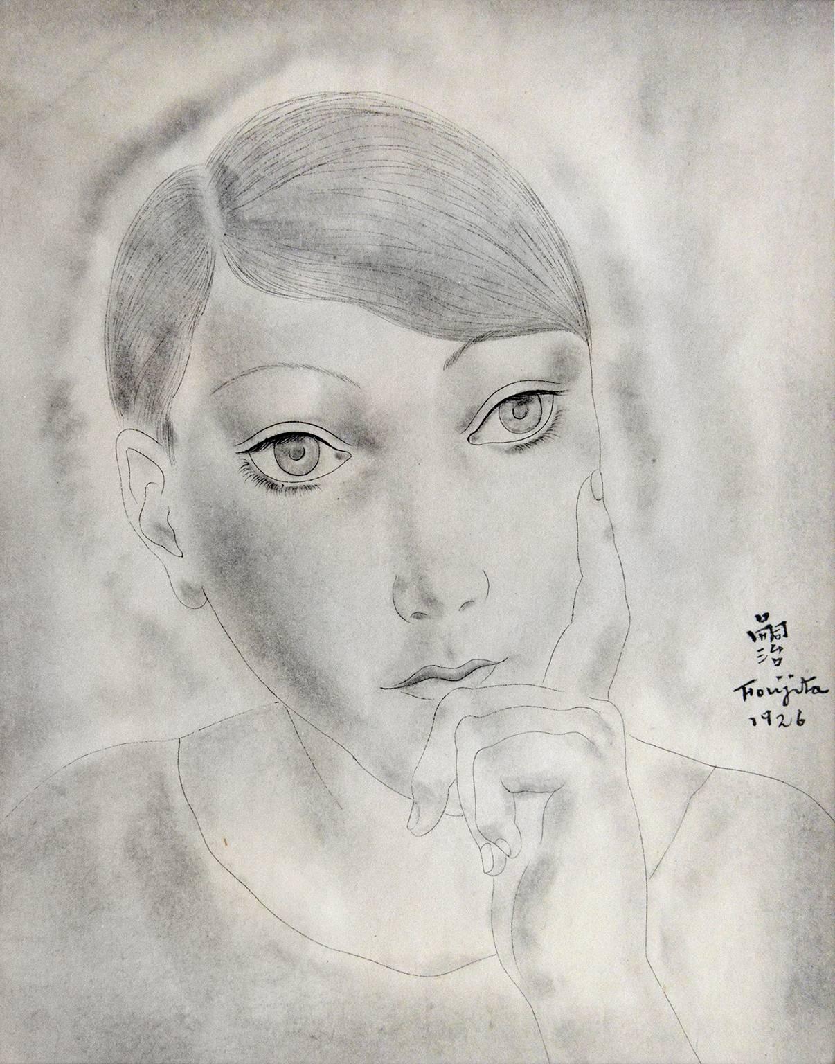 Leonard Tsuguharu Foujita Portrait -  Head of a Young Girl lost in thought - Kiki de Montparnasse