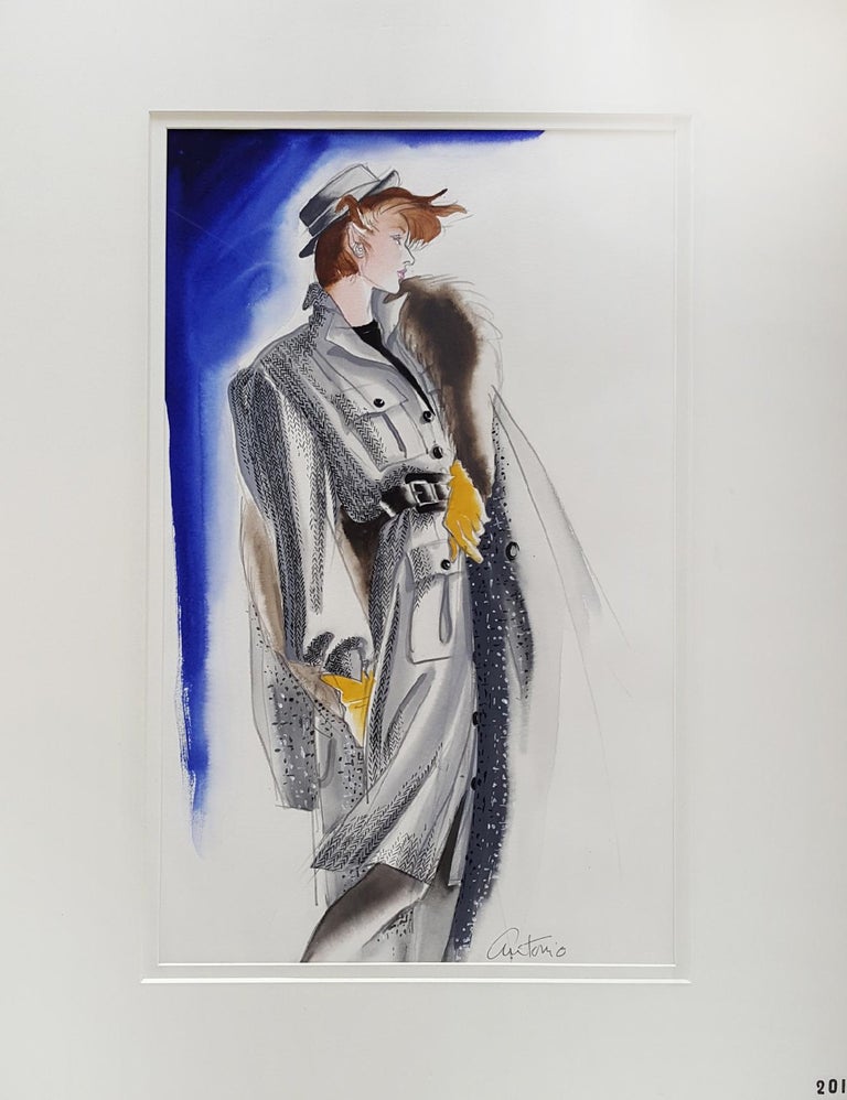 Vogue USA, Fashion Illustration. Meticulously drawn in a descriptive and yet creative way. Antonio's full mastery of his art is on full display. Signed lower right.  The work is archivally double matted  but not framed.   It looks better in person.