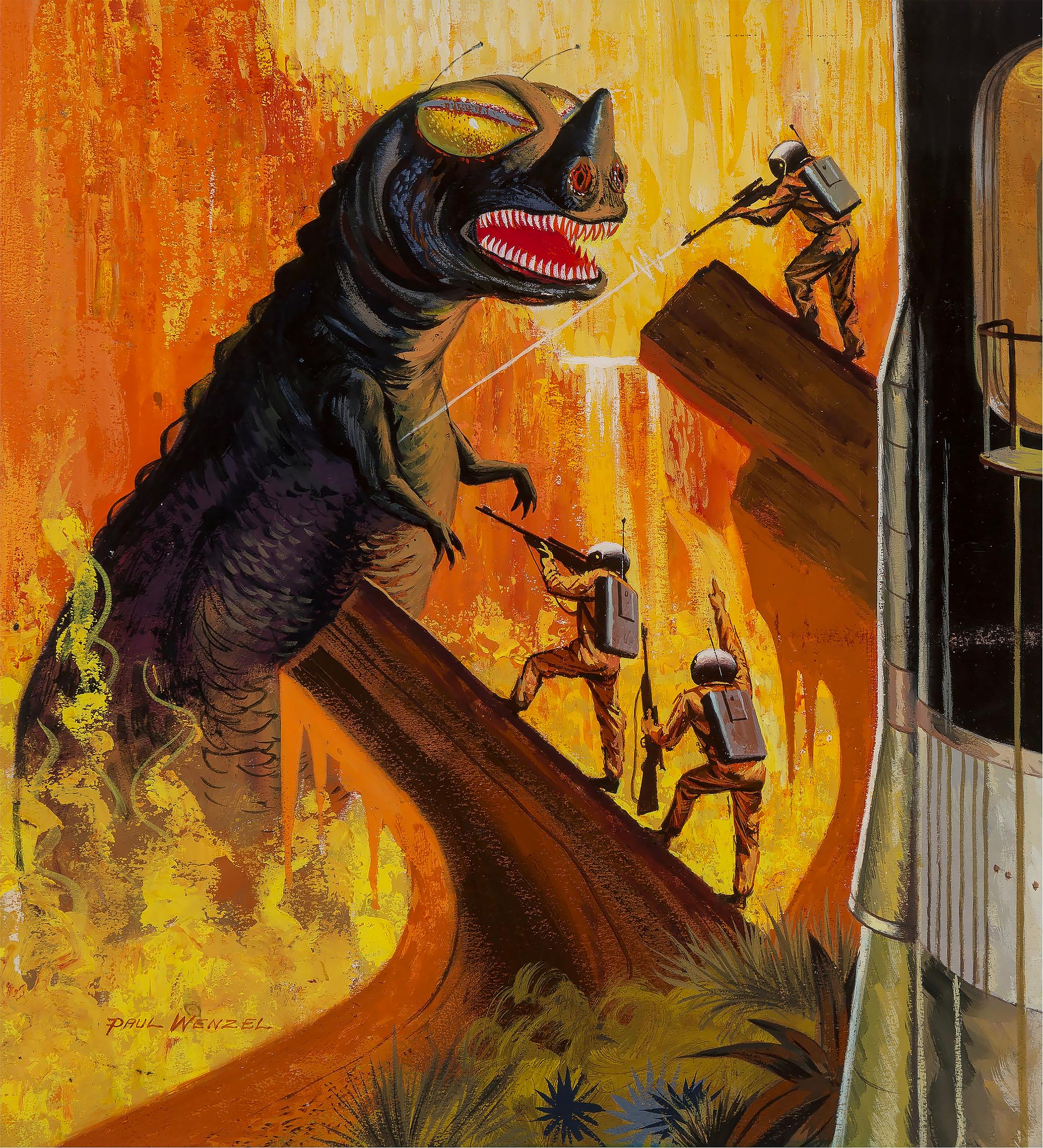 Paul Wenzel Animal Painting - Godzilla like Dinosaur Monster, SciFi, Science Fiction Cover Illustration
