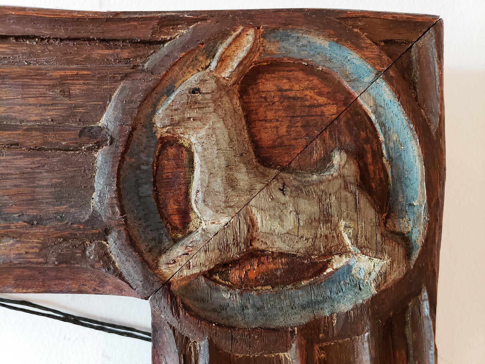 Carved Oak Wood Arts and Crafts Frame with Rabbit, Dog, Bird, Emu Carvings - Sculpture by Anna  Vaughn Hyatt Huntington