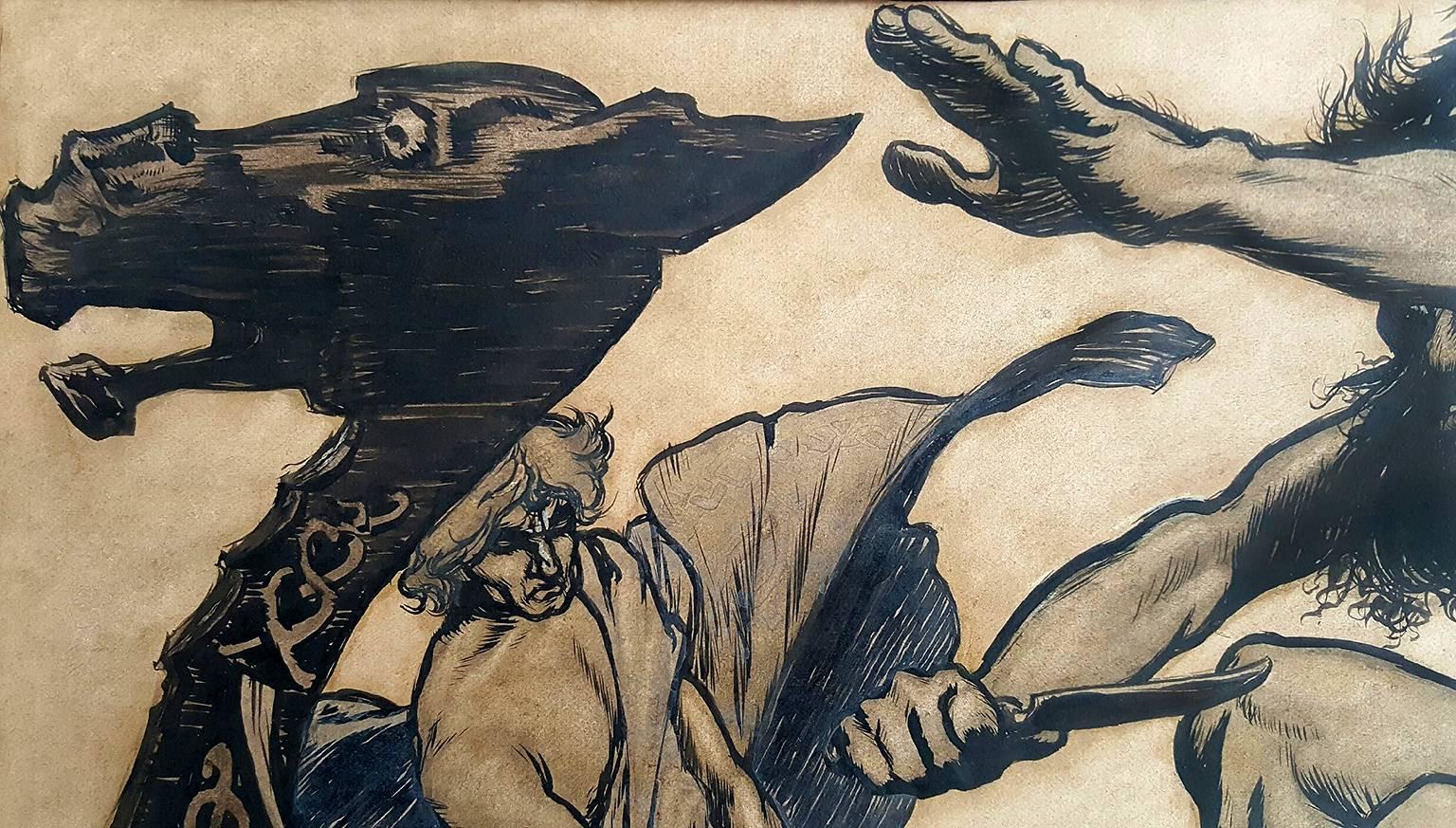 La bataille des mers - (Stories de l'Edda)  - Noir Figurative Art par Arthur Rackham