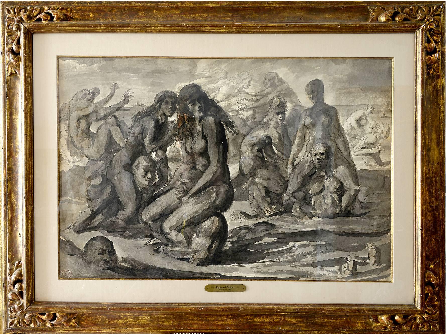 Reginald Marsh Figurative Art – Wassersport - Schwimmer  und Badegäste auf Coney Island