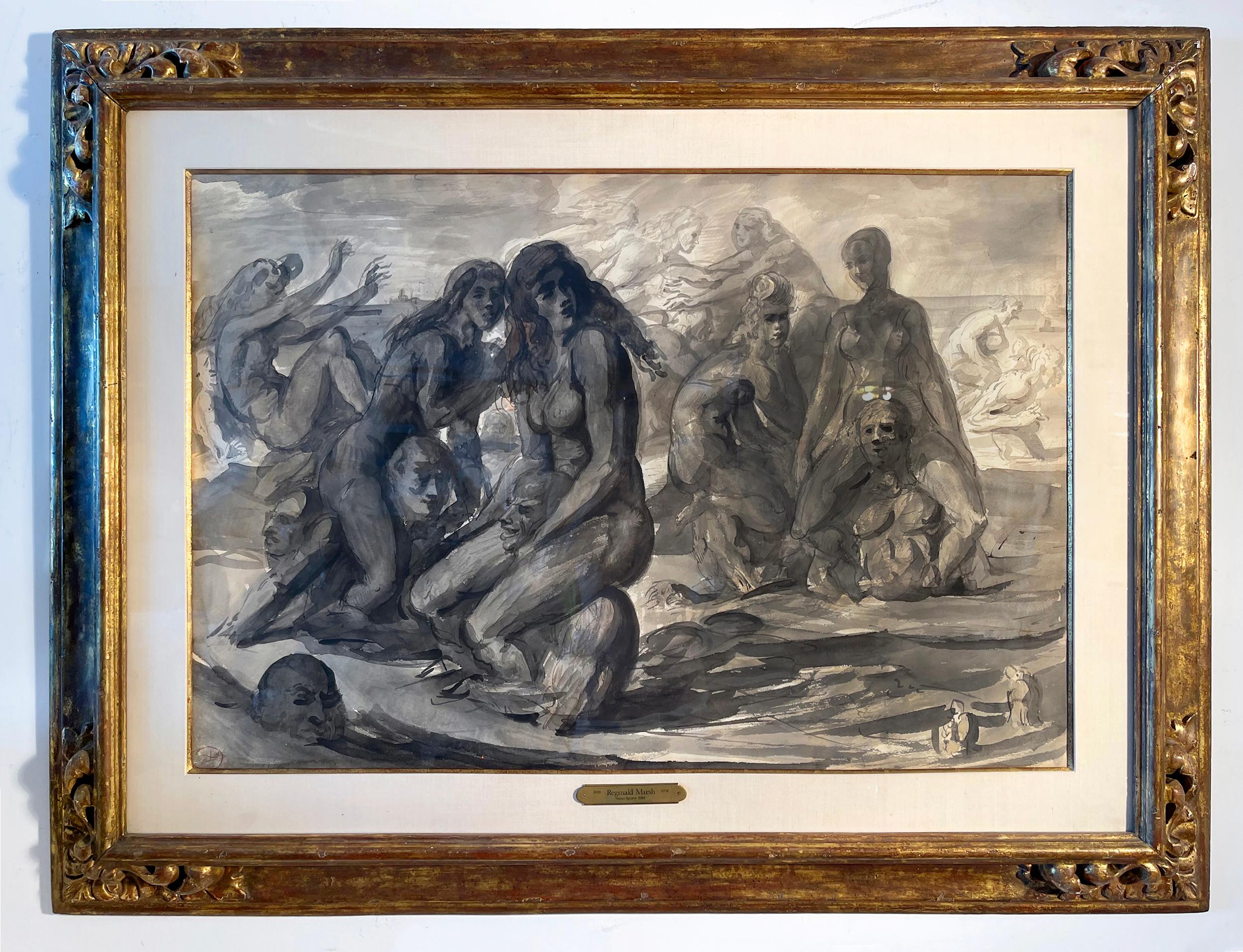 Historically, academic artists have always featured the central figures in their composition in a prominent light with the background figures being darker.   In water sports, Reginald Marsh does the opposite. The central figures are in shadow and
