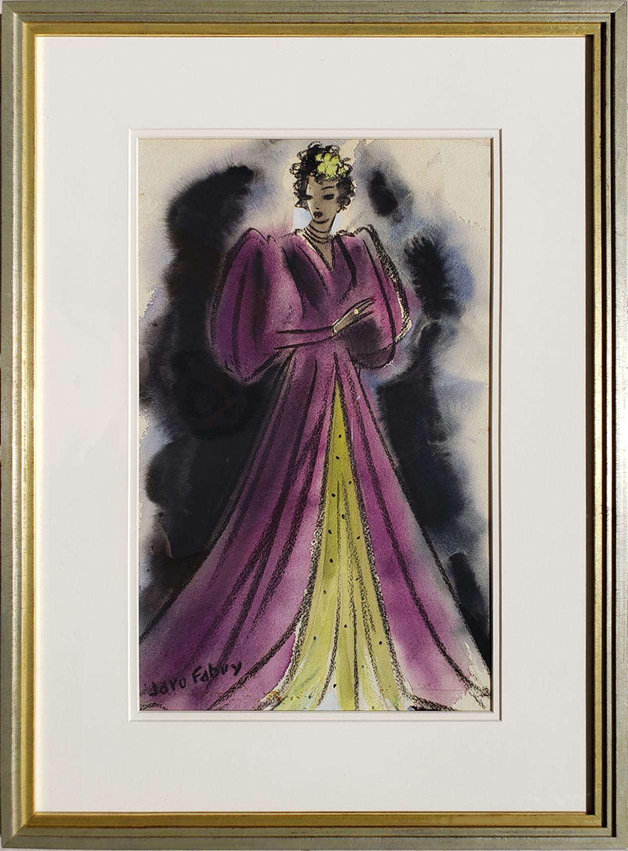 Art Deco Glamouröse Frau in lila Abendkleid  - Goldenes Zeitalter des Hollywoods (Grau), Figurative Art, von Jaro Fabry