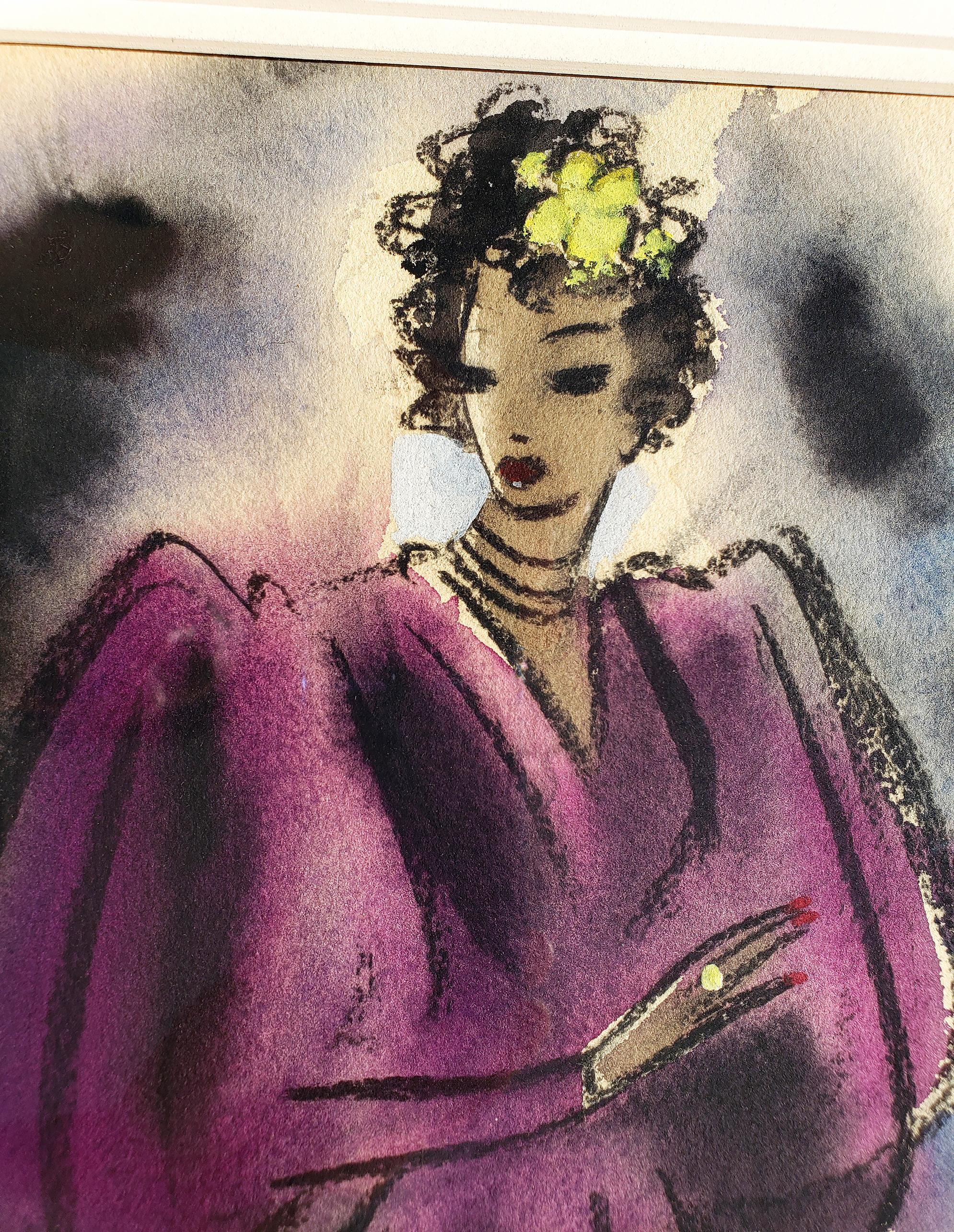Art Deco Glamouröse Frau in lila Abendkleid  - Goldenes Zeitalter des Hollywoods (Art déco), Painting, von Jaro Fabry
