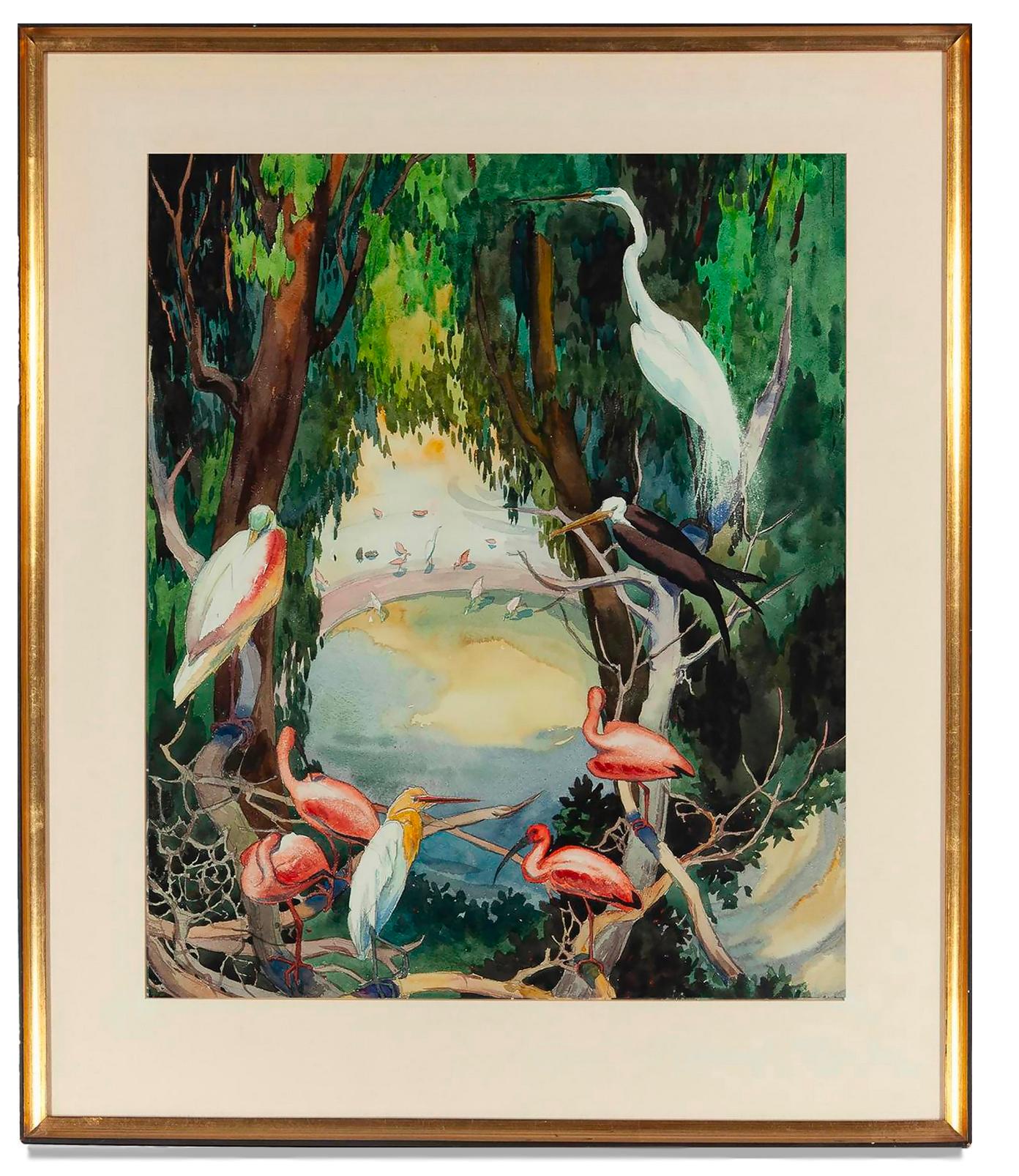 Tropische Vögel in einem Wasserloch, Flamingos, Schwanen, Egrets- San Diego Zoo (Post-Impressionismus), Art, von Jessie Arms Botke