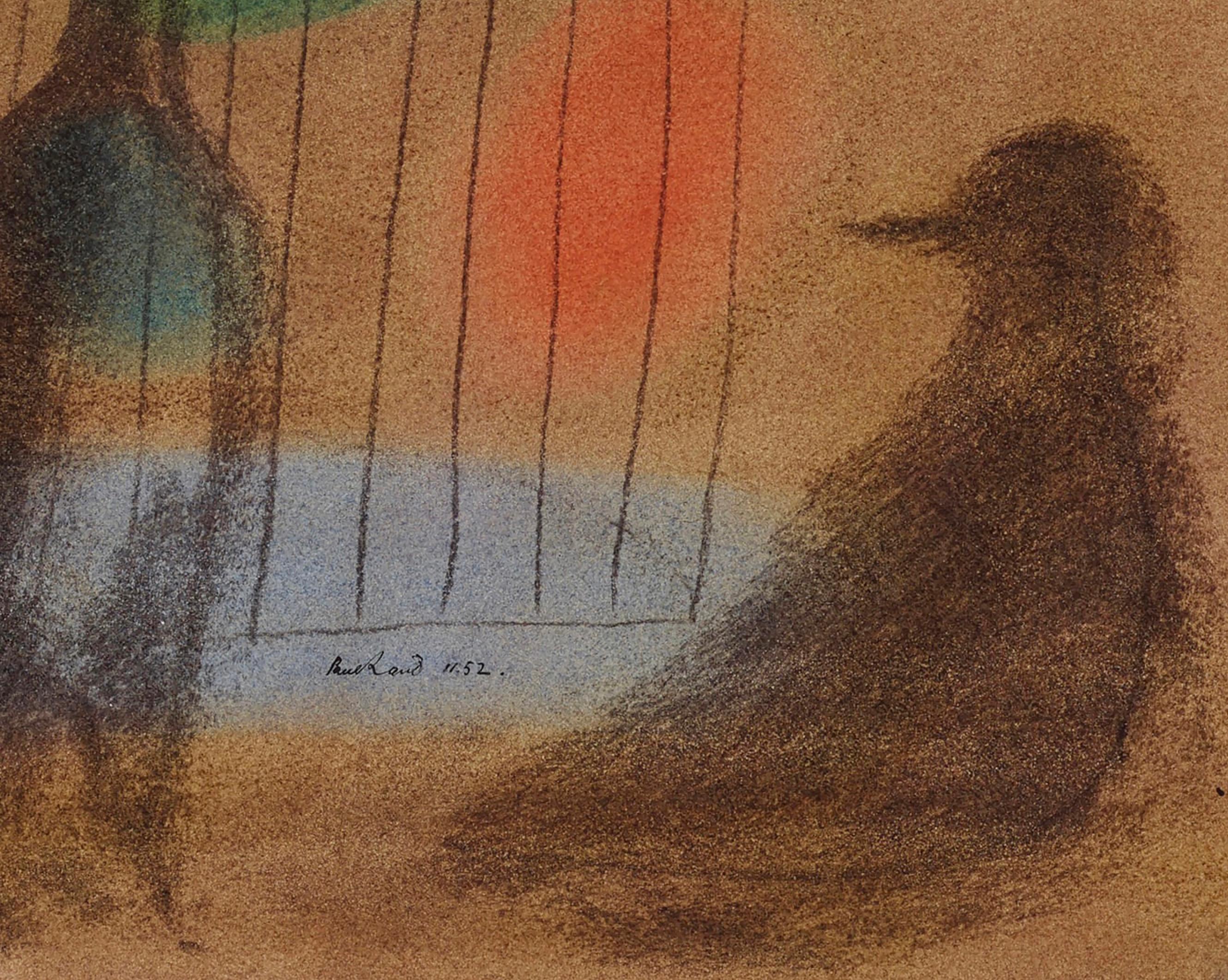 Ohne Titel, Weinflasche und  Bird outside of a Bird Cage in Moody Brown, Vogelkäfig – Painting von Paul Rand