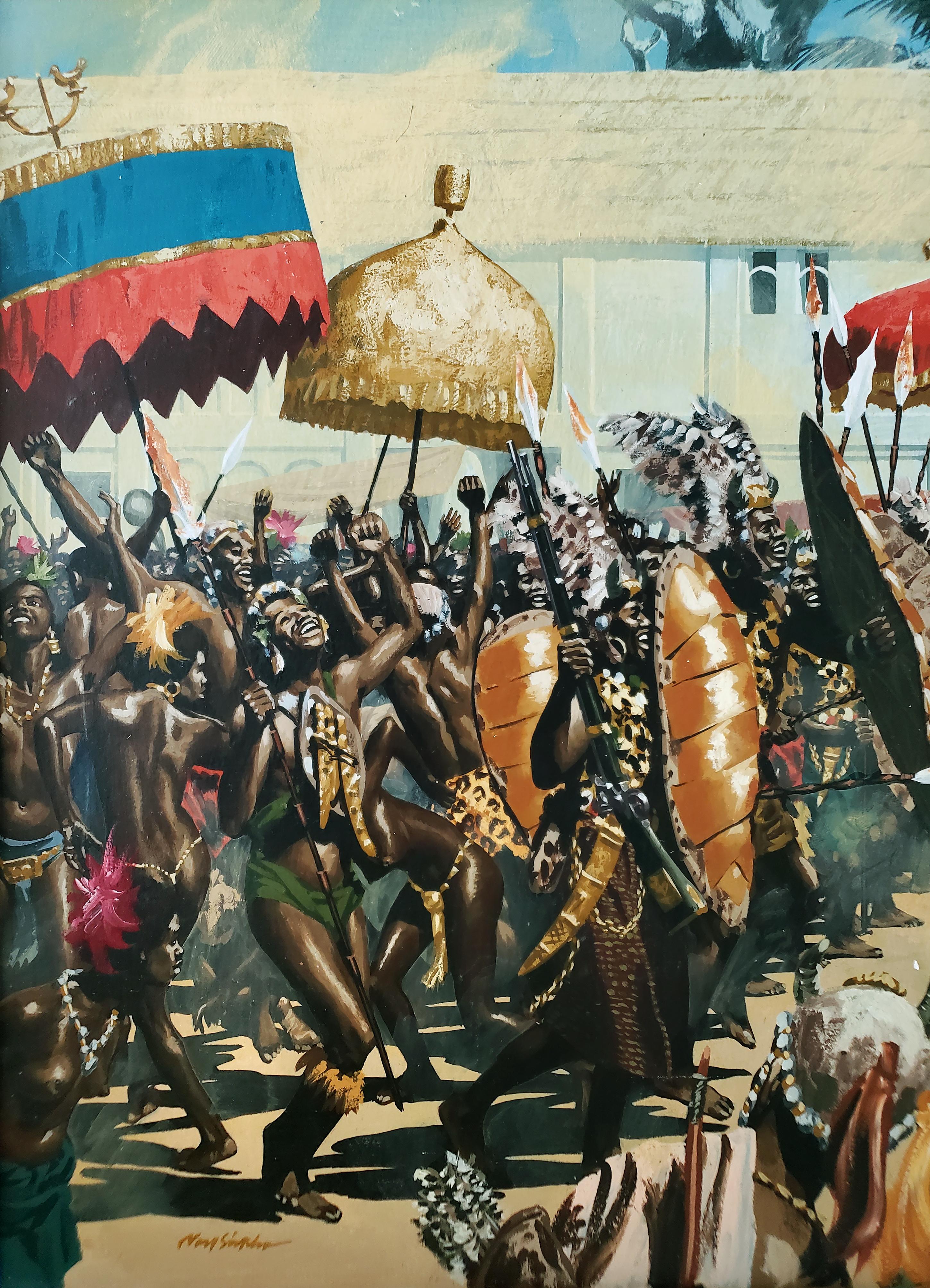 Complejo y detallado cuadro histórico a escala épica de una celebración tribal africana con un rey mirando. La obra está repleta de detalles, desde el estilo y el carácter de las personas hasta los magníficos paraguas, cada uno de ellos con una