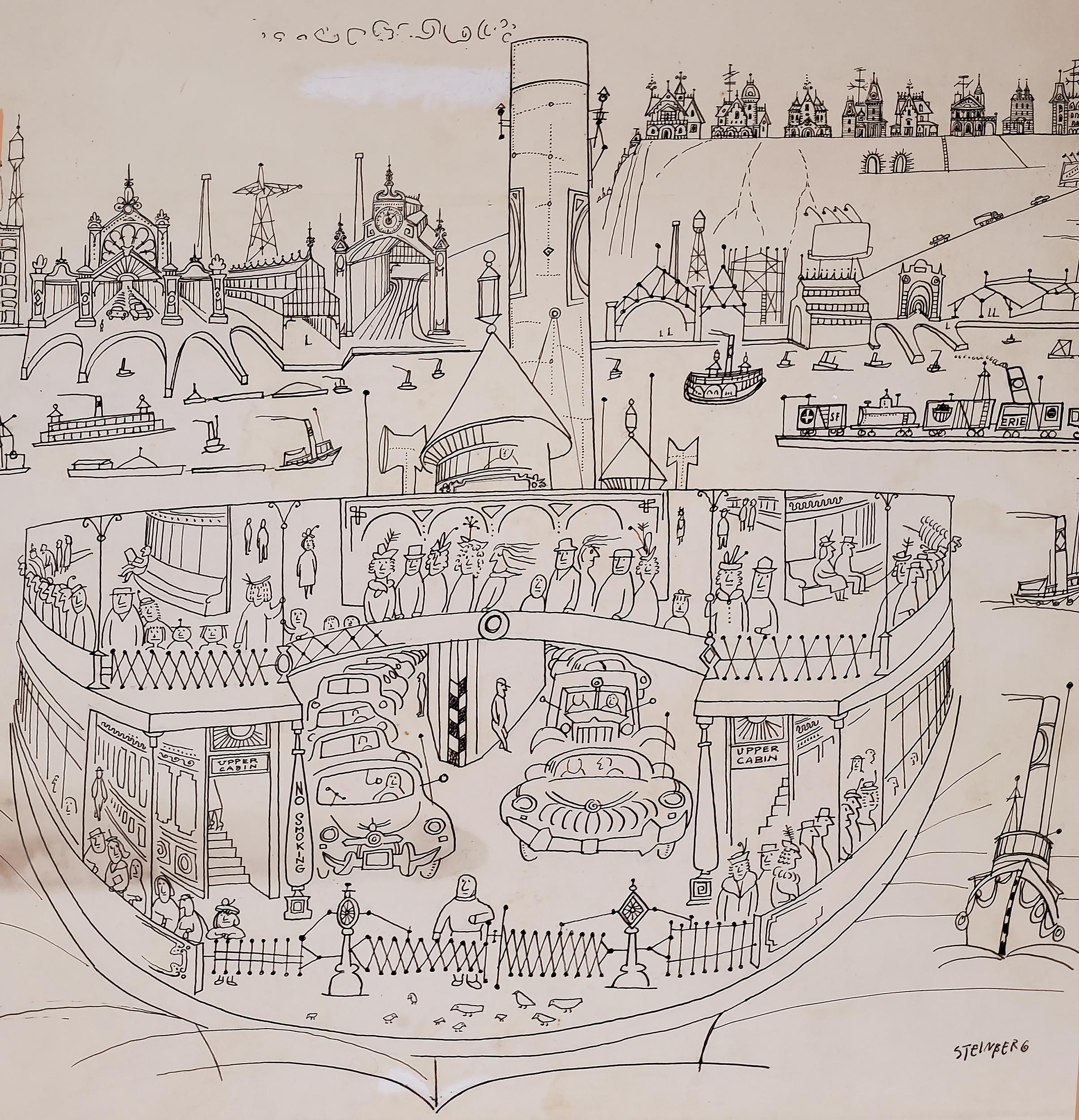 New York Harbor with Ferry boats and Victorian Houses  - Holiday Magazine Cover - Beige Landscape Painting par Saul Steinberg