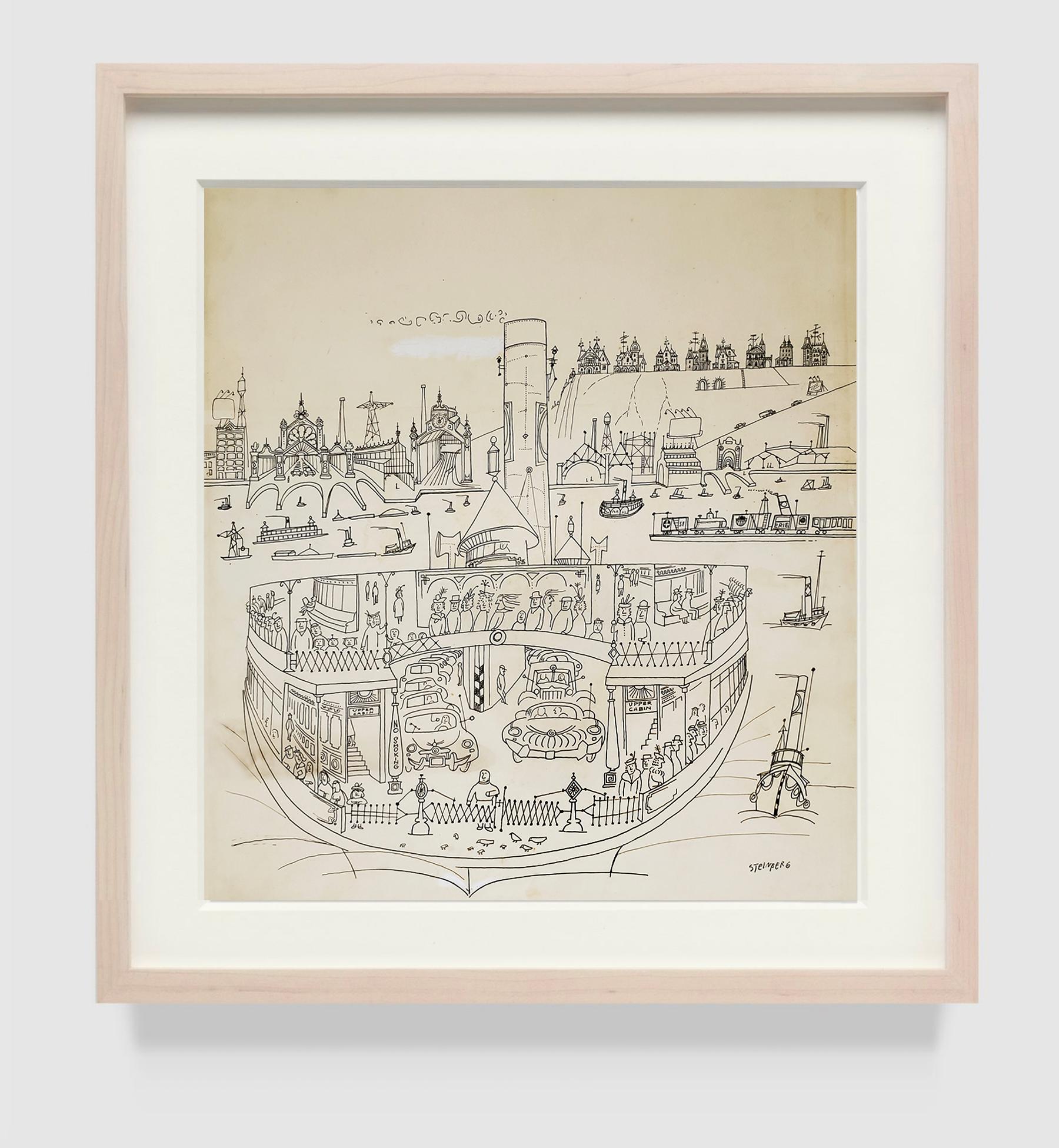 Saul Steinberg Landscape Painting - New York Harbor with Ferry boats and Victorian Houses  - Holiday Magazine Cover