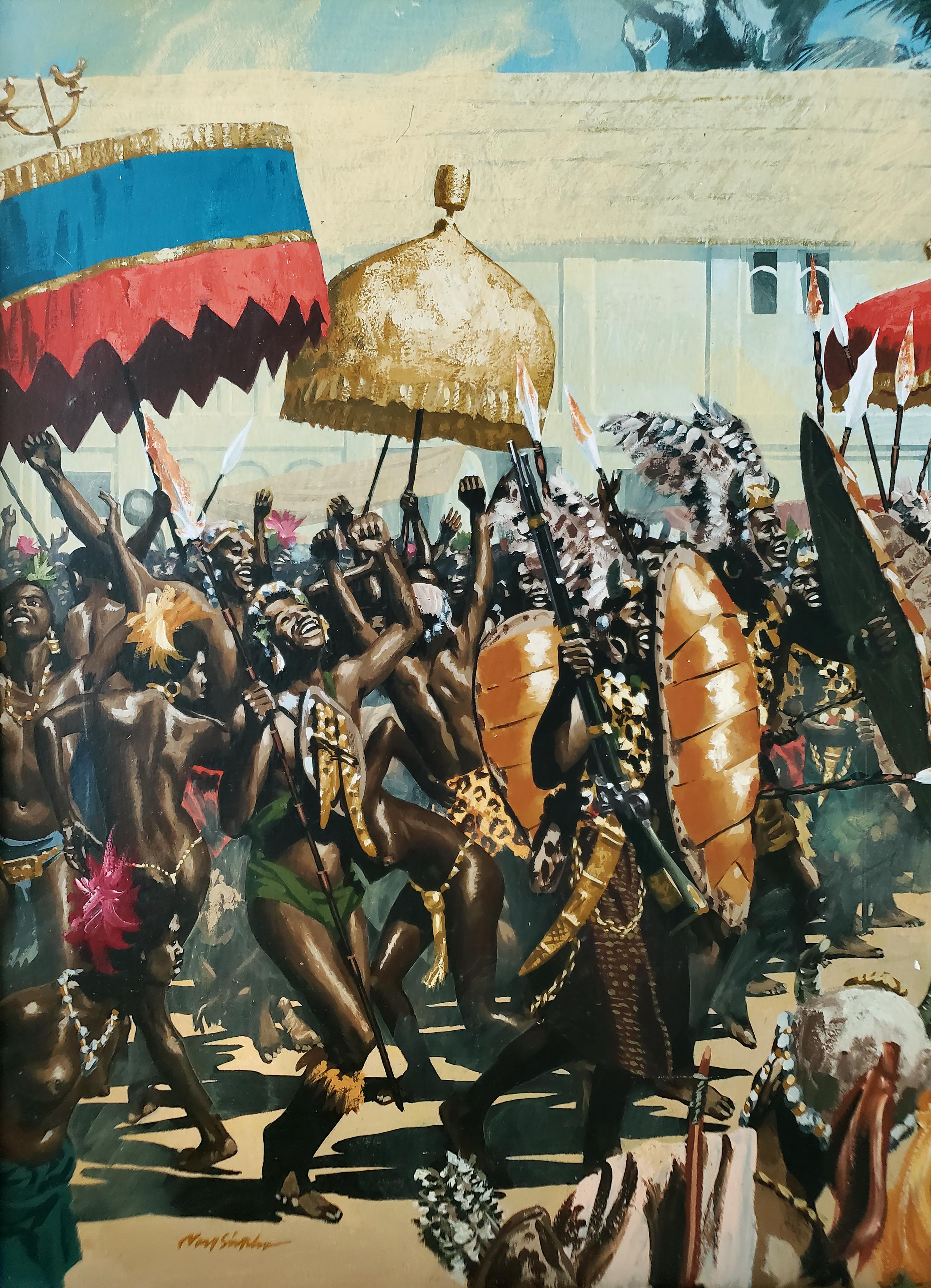 Komplexes und detailliertes Historiengemälde in epischem Maßstab eines afrikanischen Stammesfestes mit einem aufblickenden König. Das Werk weist eine Fülle von Details auf, vom Stil und Charakter der Menschen bis hin zu den prächtigen Regenschirmen,