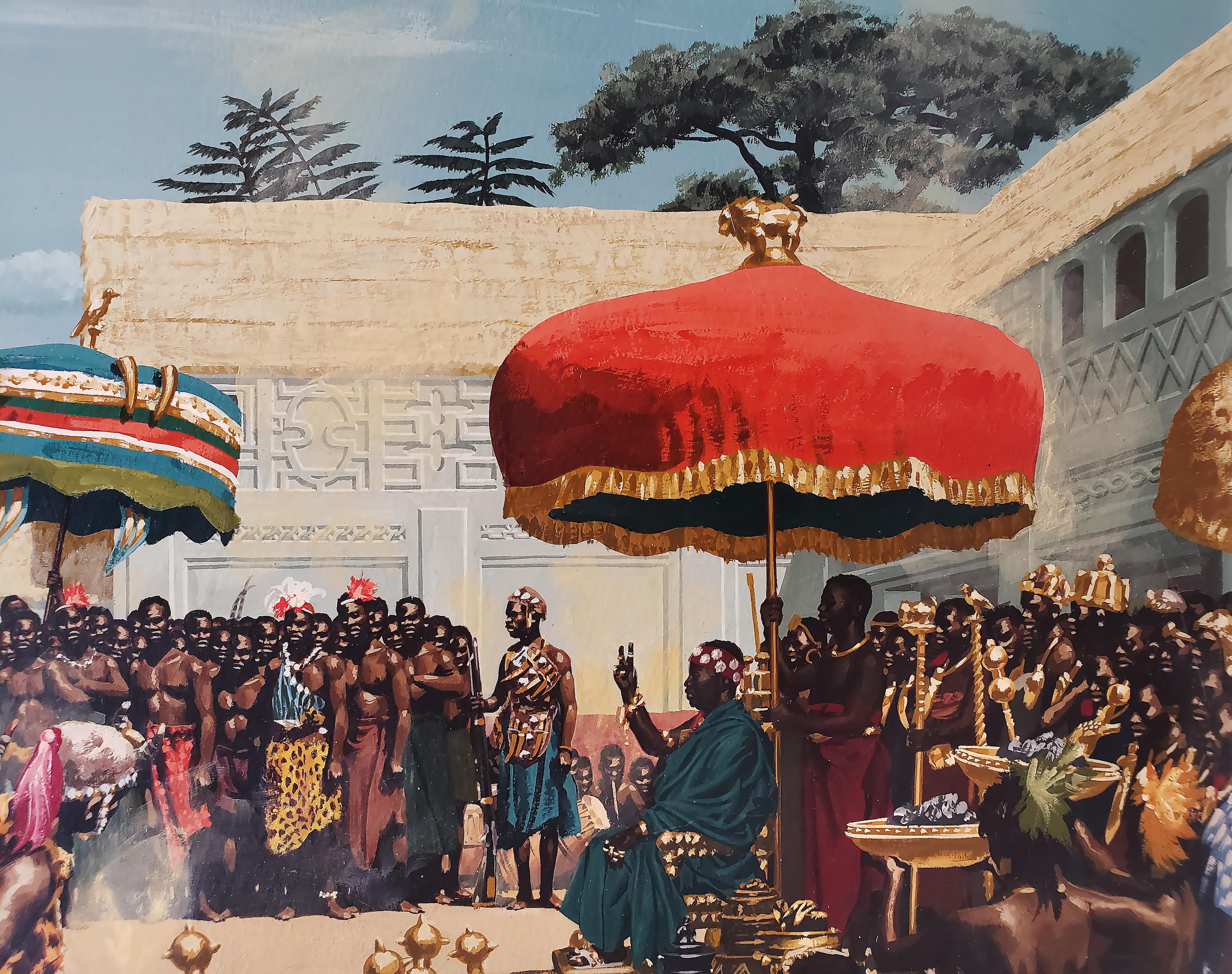 Complex and detailed epic scale history painting of an African tribal celebration with an on looking king. The work has an abundant amount of detail from the style and character of the people to the magnificent umbrellas each with its own beautiful