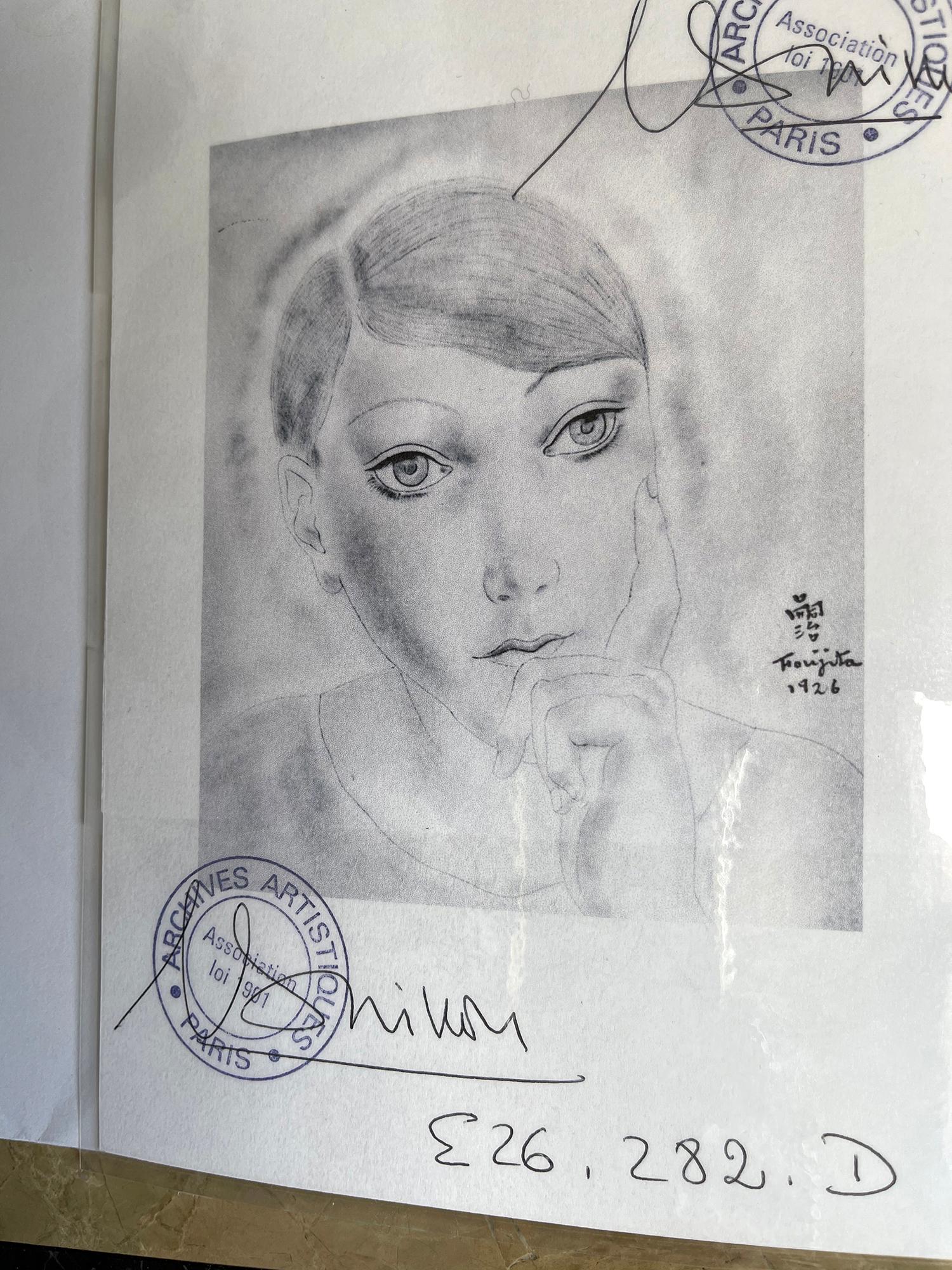 Head of a Young Girl -  Kiki de Montparnasse - Gray Portrait by Leonard Tsuguharu Foujita