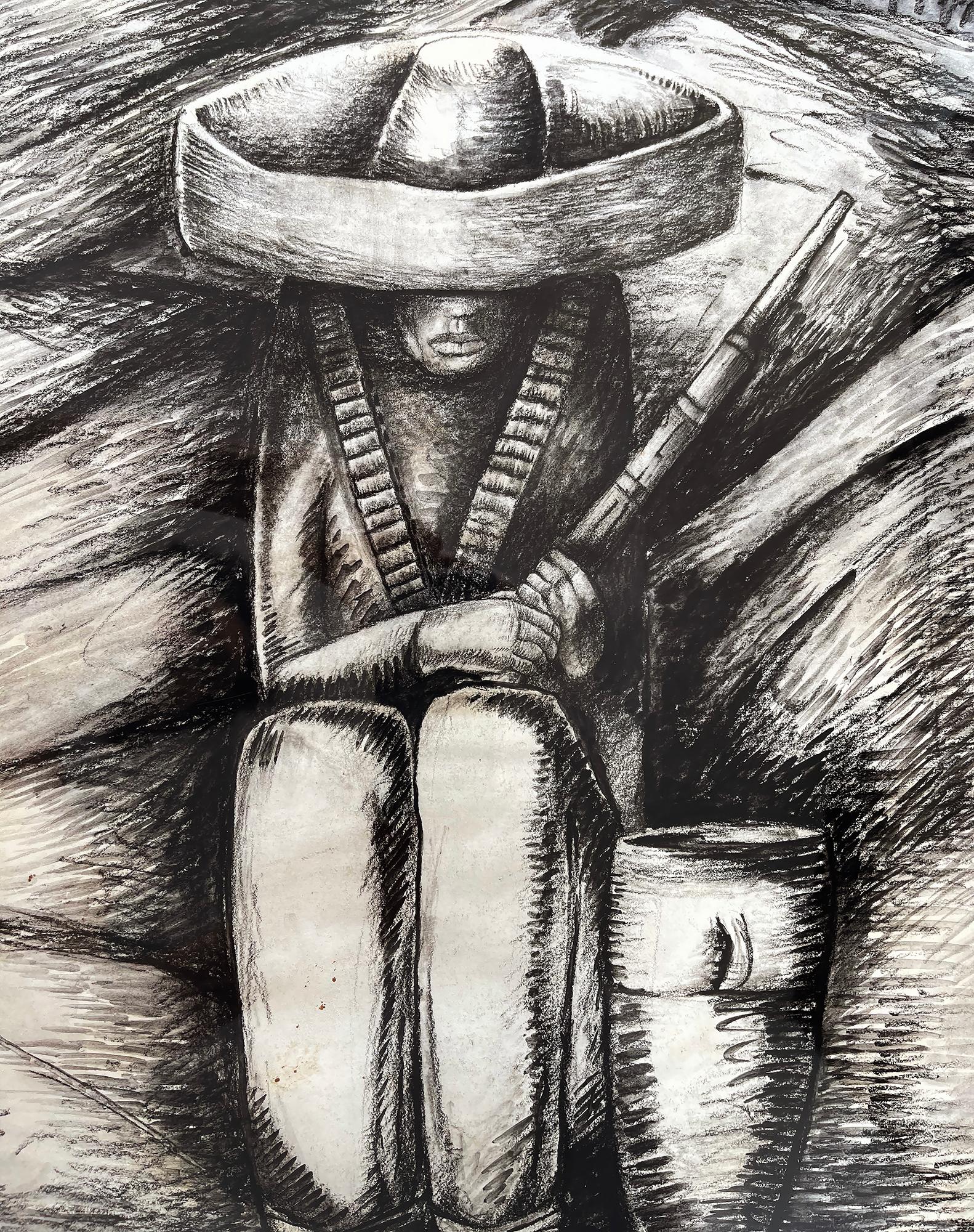 Zapatista Asentado - Brown Abstract Drawing by Alfredo Ramos Martinez