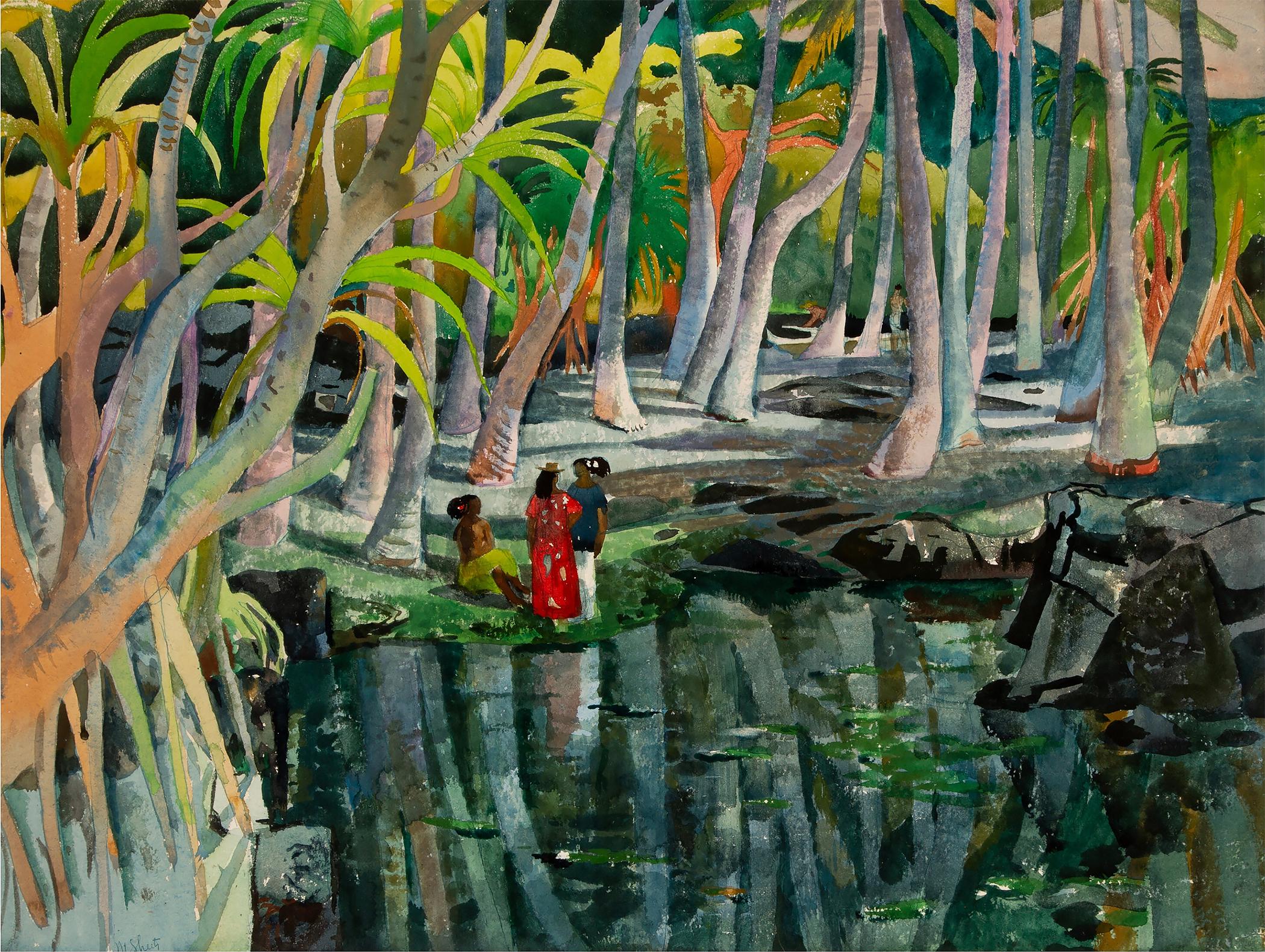 Millard Sheets Landscape Painting - Pool Shadows - like Paul Gauguin Tahitian Women