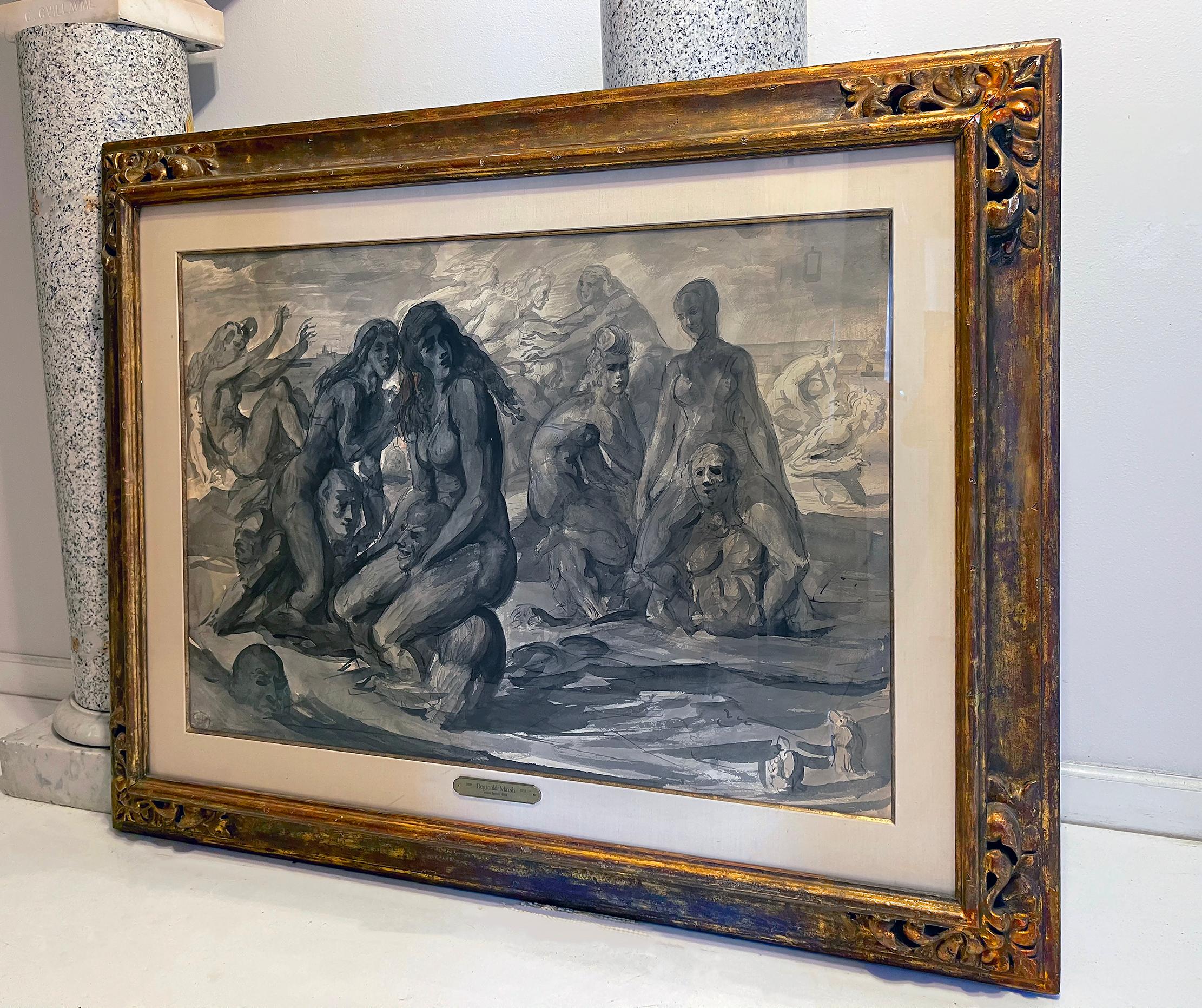 Historically, academic artists have always featured the central figures in their composition in a prominent light with the background figures being darker.   In water sports, Reginald Marsh does the opposite. The central figures are in shadow and