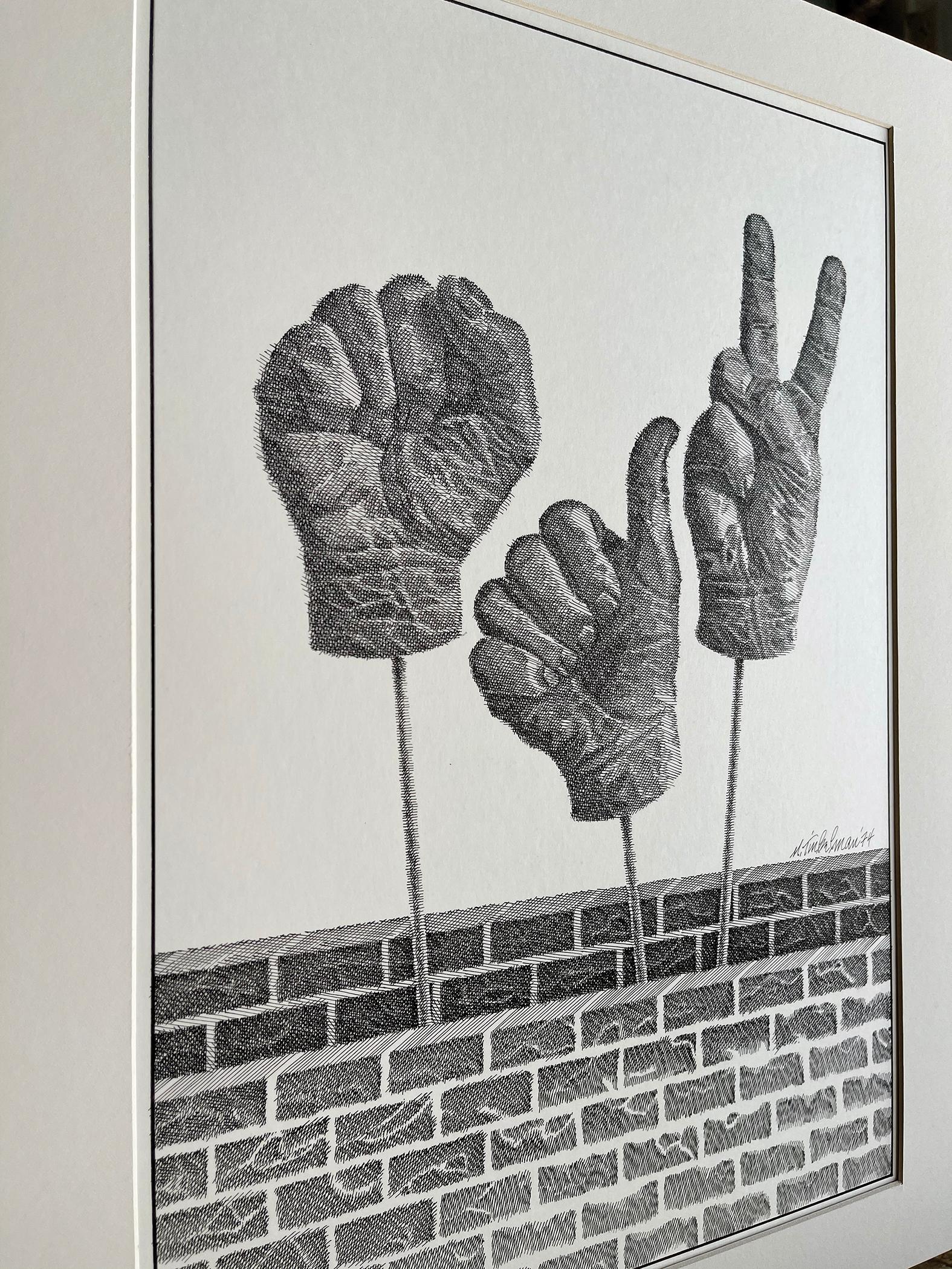 Panneau noir « Power Fist, Thumbs Up », enseigne de paix, signaux à la main - Art de Murray Tinkelman