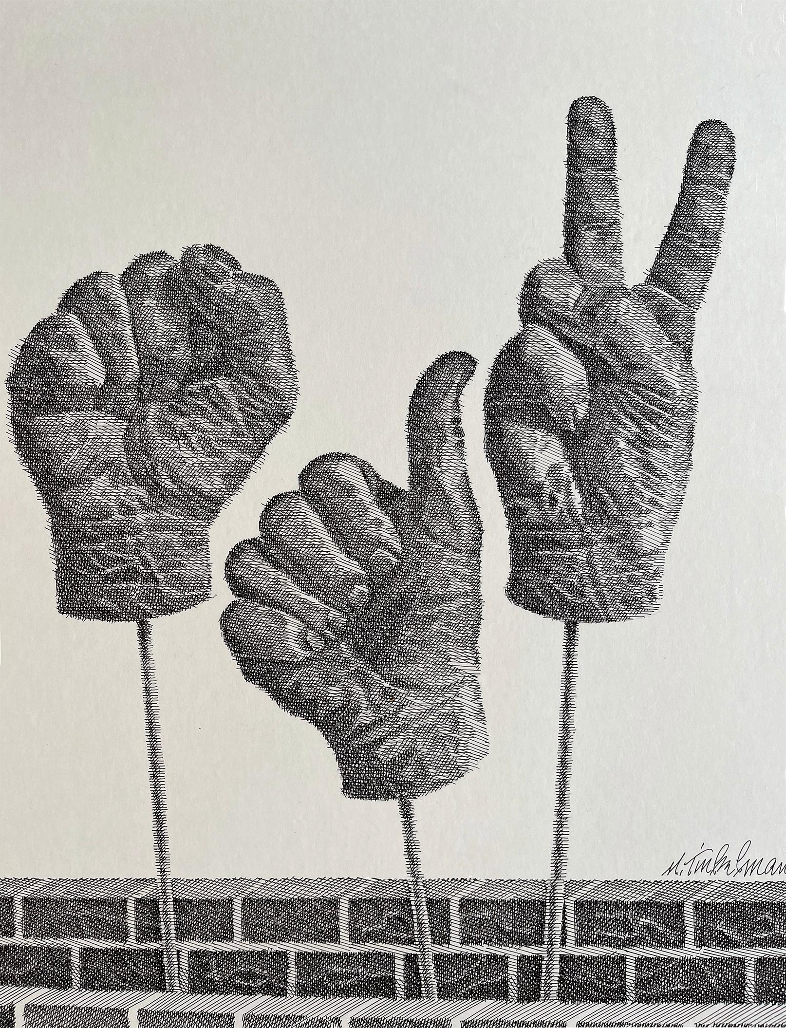 Panneau noir « Power Fist, Thumbs Up », enseigne de paix, signaux à la main - Pointillisme Art par Murray Tinkelman