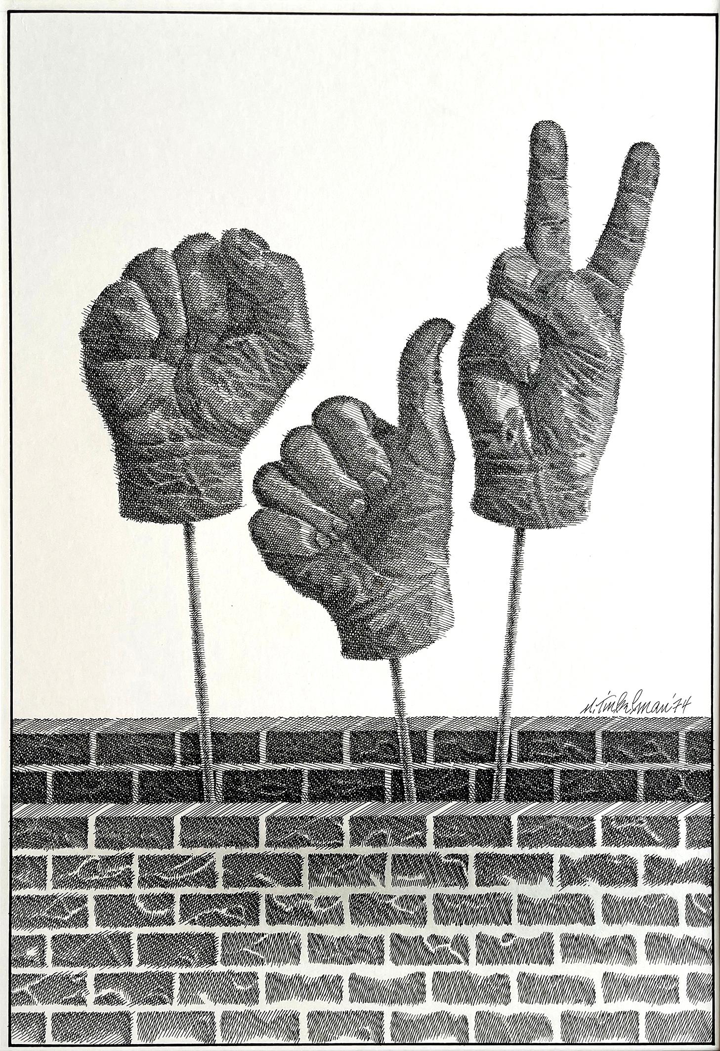 Panneau noir « Power Fist, Thumbs Up », enseigne de paix, signaux à la main - Noir Figurative Art par Murray Tinkelman