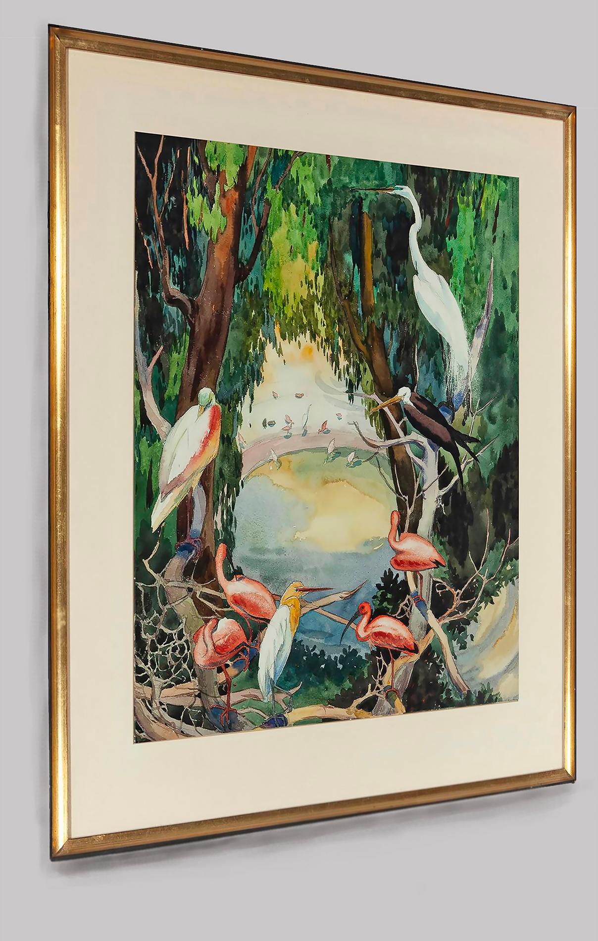 Birds at a waterhole, Heron, Flamingos, Swans, Egrets- San Diego Zoo - Post-Impressionist Mixed Media Art by Jessie Arms Botke