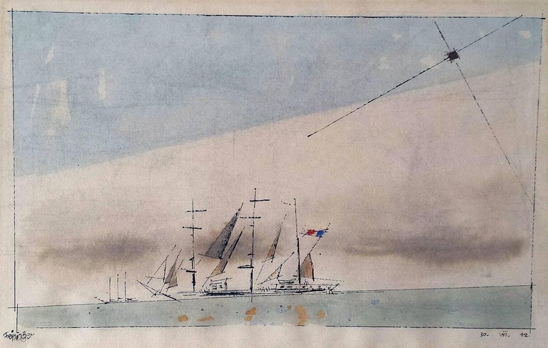 Lyonel Feininger Abstract Drawing - Bauhaus .  Untitled (French Barque under Staysail)