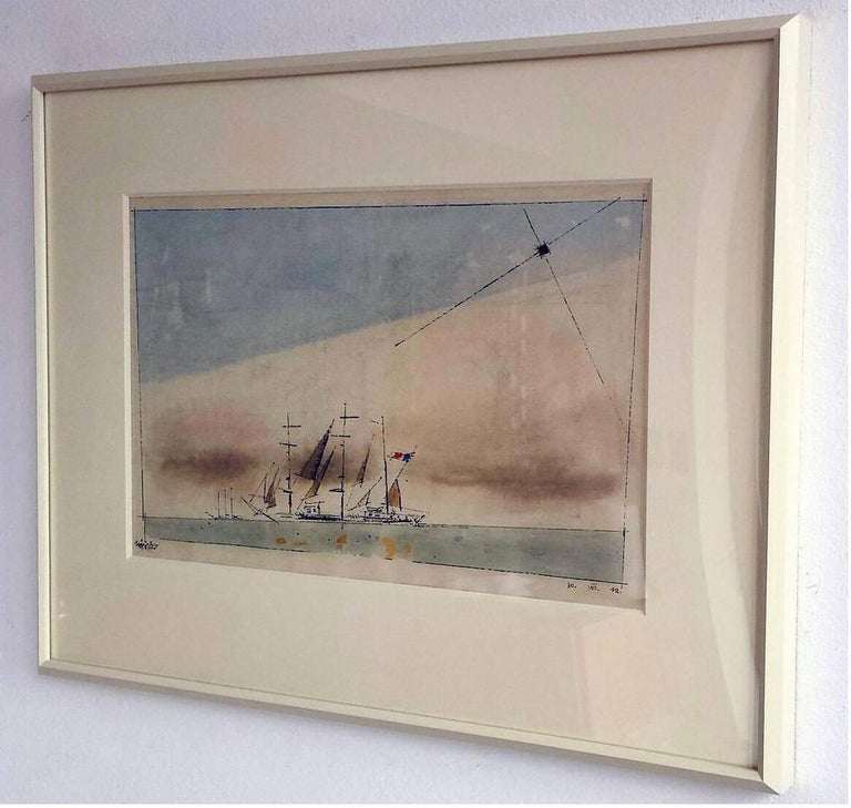 Bauhaus .  Untitled (French Barque under Staysail) - Expressionist Art by Lyonel Feininger