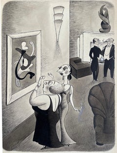 Art Lovers and Art Critics Analyzing Obscene Painting. Cartoon
