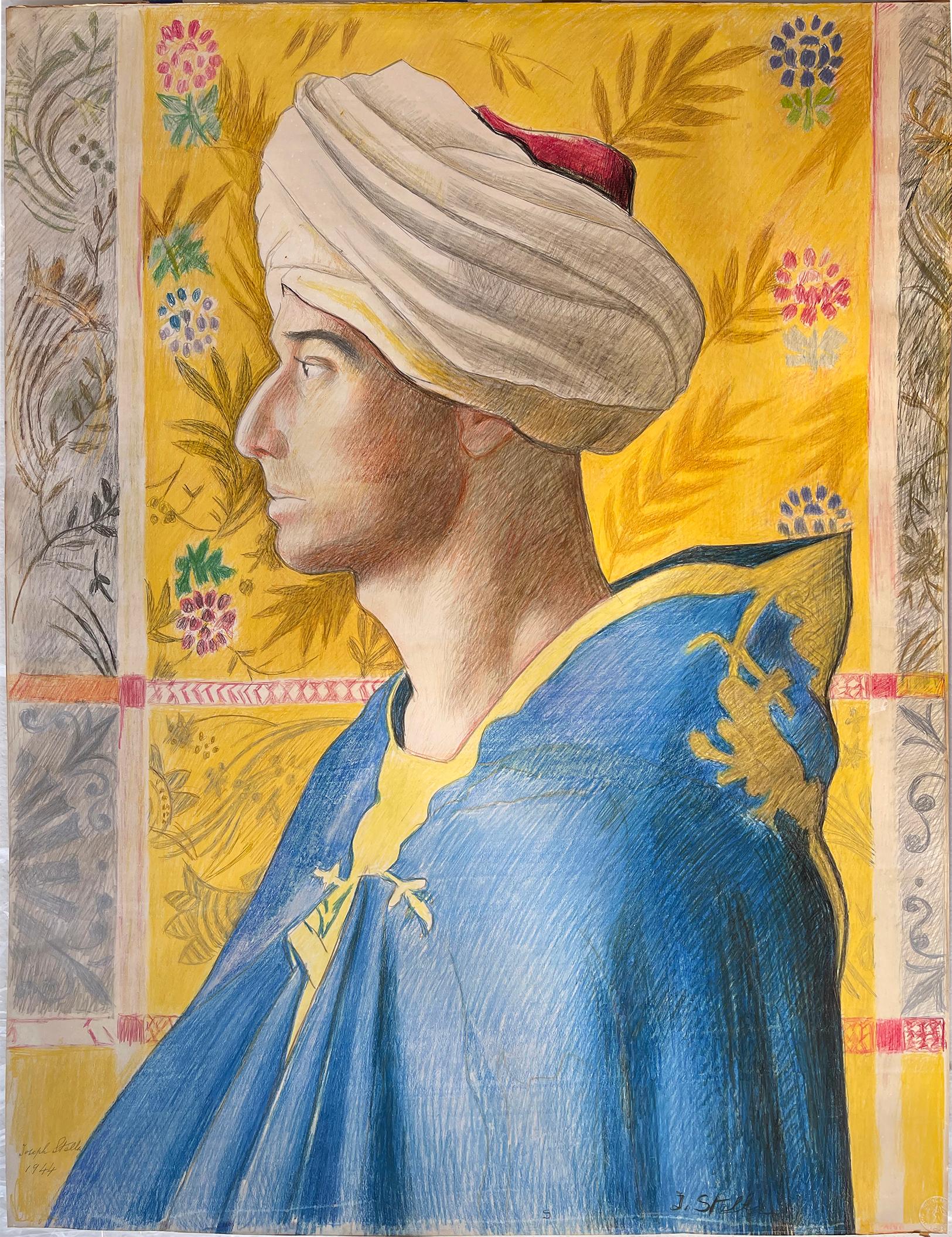 Middle Eastern-Man mit türkisfarbenem und blauem Cloak in Profil gegenüber gelbem – Art von Joseph Stella