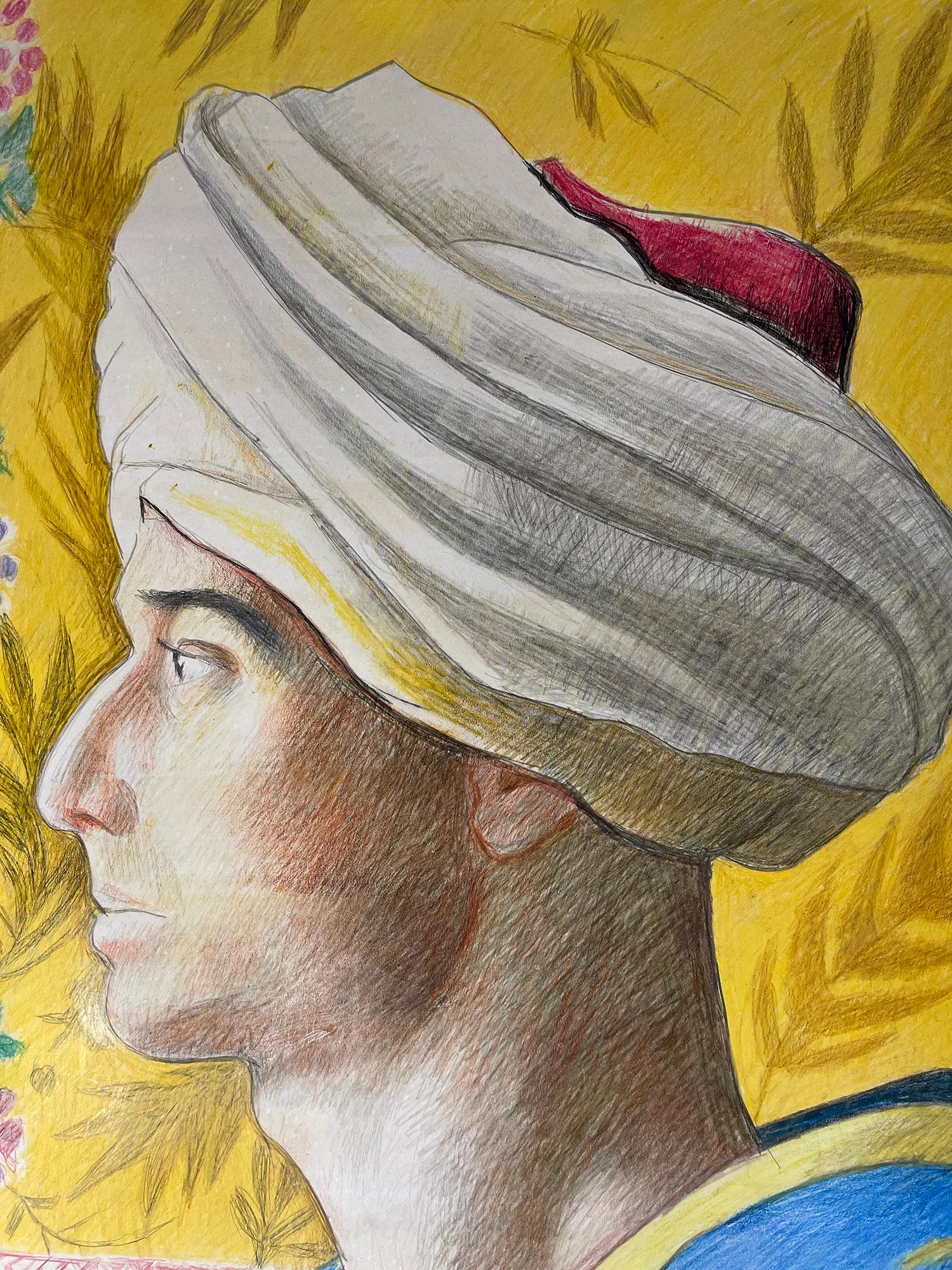 Middle Eastern-Man mit türkisfarbenem und blauem Cloak in Profil gegenüber gelbem (Braun), Figurative Art, von Joseph Stella