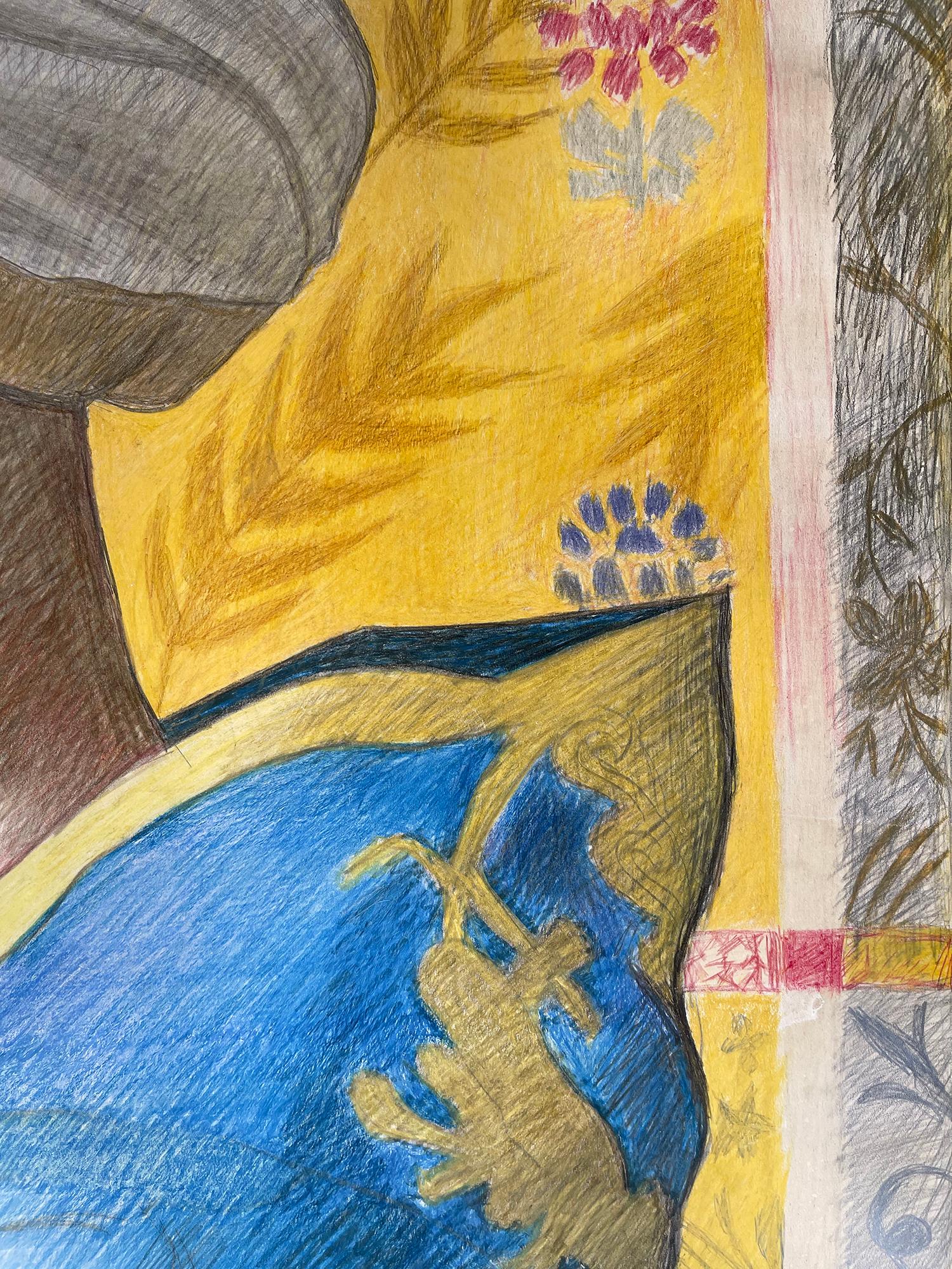 Portrait in primary blues and yellow of perhaps a Persian man.  He is in profile set against a decorative yellow background with floral elements.  The work was done two years before the artist's death but incorporated many graphic elements of some