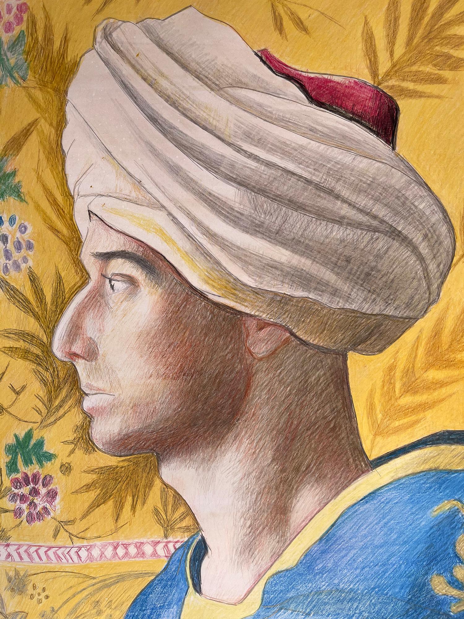 Porträt in primären Blau- und Gelbtönen, vielleicht eines persischen Mannes.  Er befindet sich im Profil vor einem dekorativen gelben Hintergrund mit floralen Elementen.  Das Werk entstand zwei Jahre vor dem Tod des Künstlers, enthielt jedoch viele