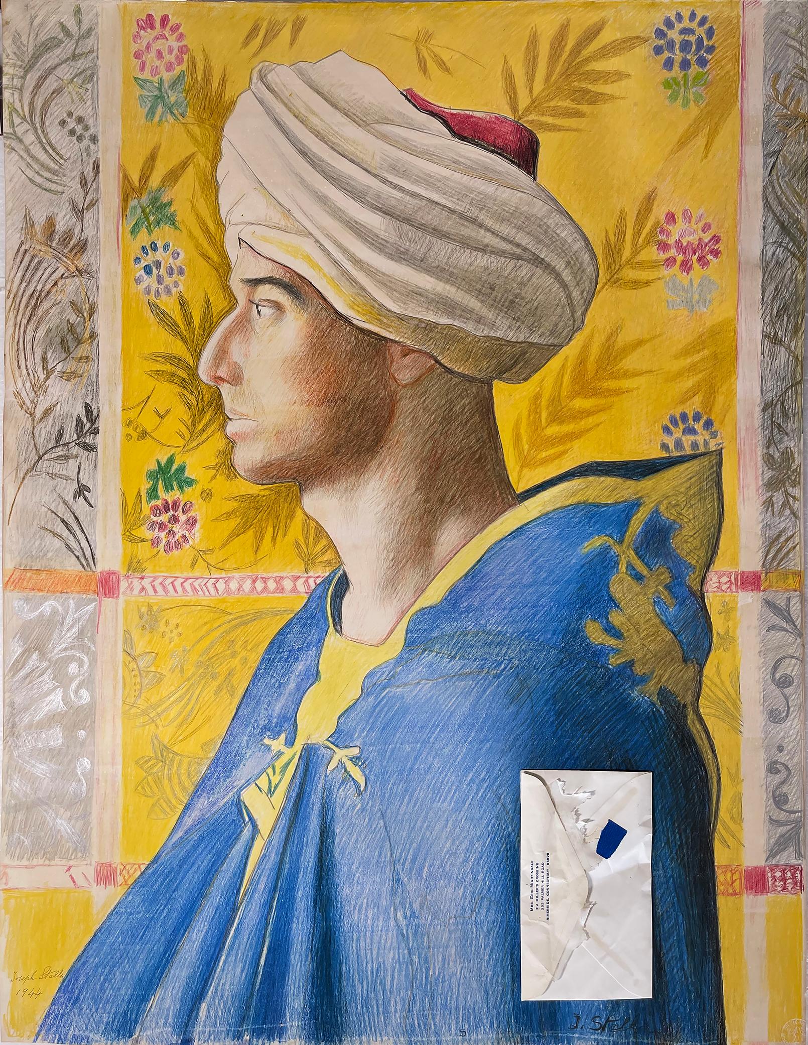 Middle Eastern Man with Turban and Blue Cloak in Profile against Yellow For Sale 4