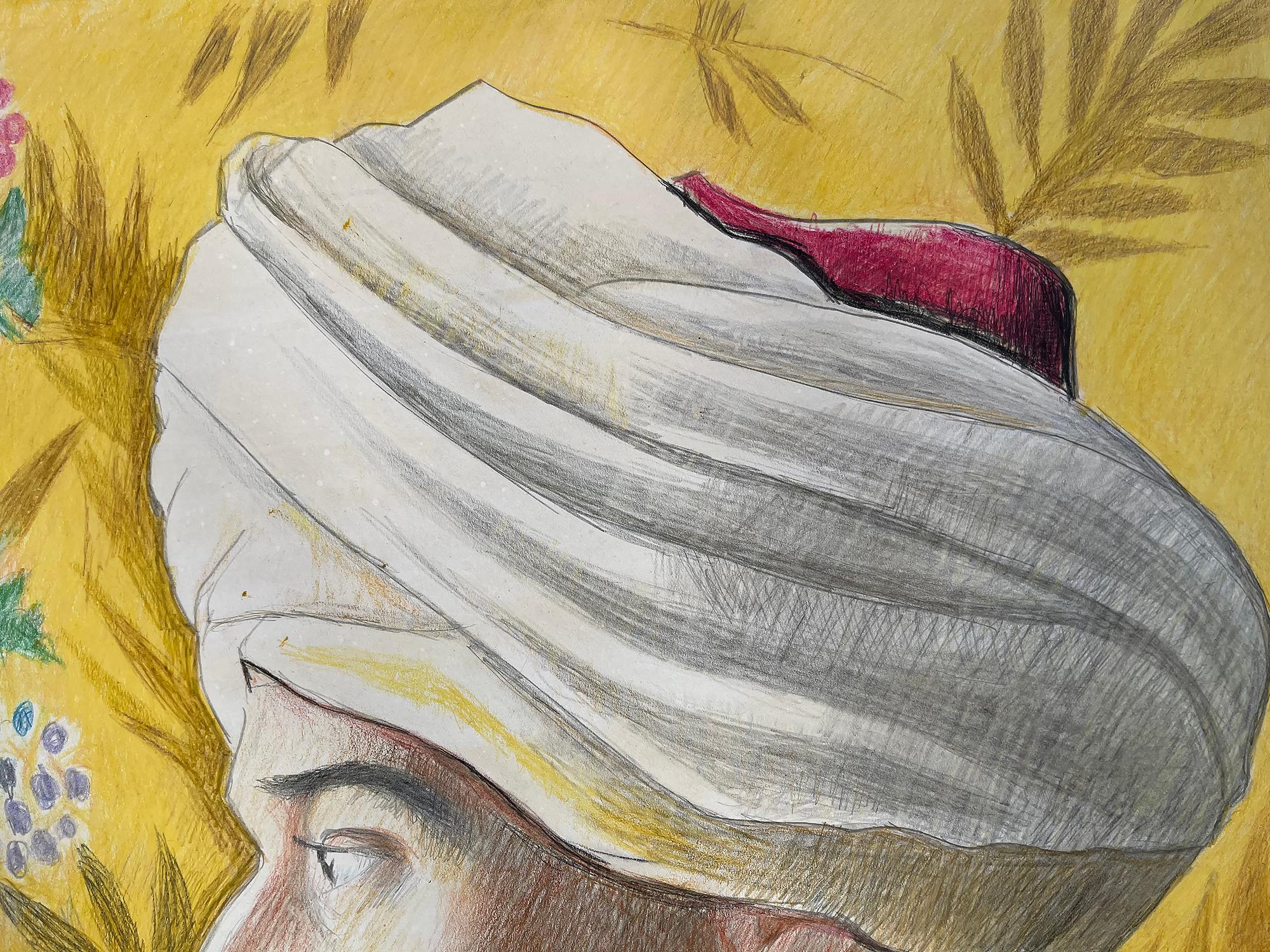 Manteau du Moyen-Orient avec turban et crémaillère bleue de profil sur jaune en vente 1
