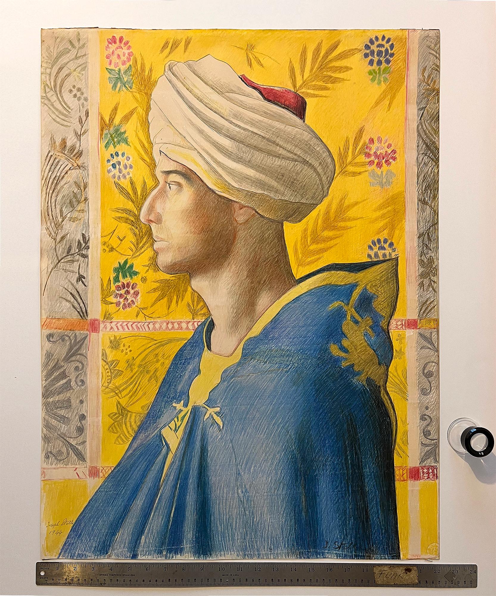 Middle Eastern Man with Turban and Blue Cloak in Profile against Yellow For Sale 8
