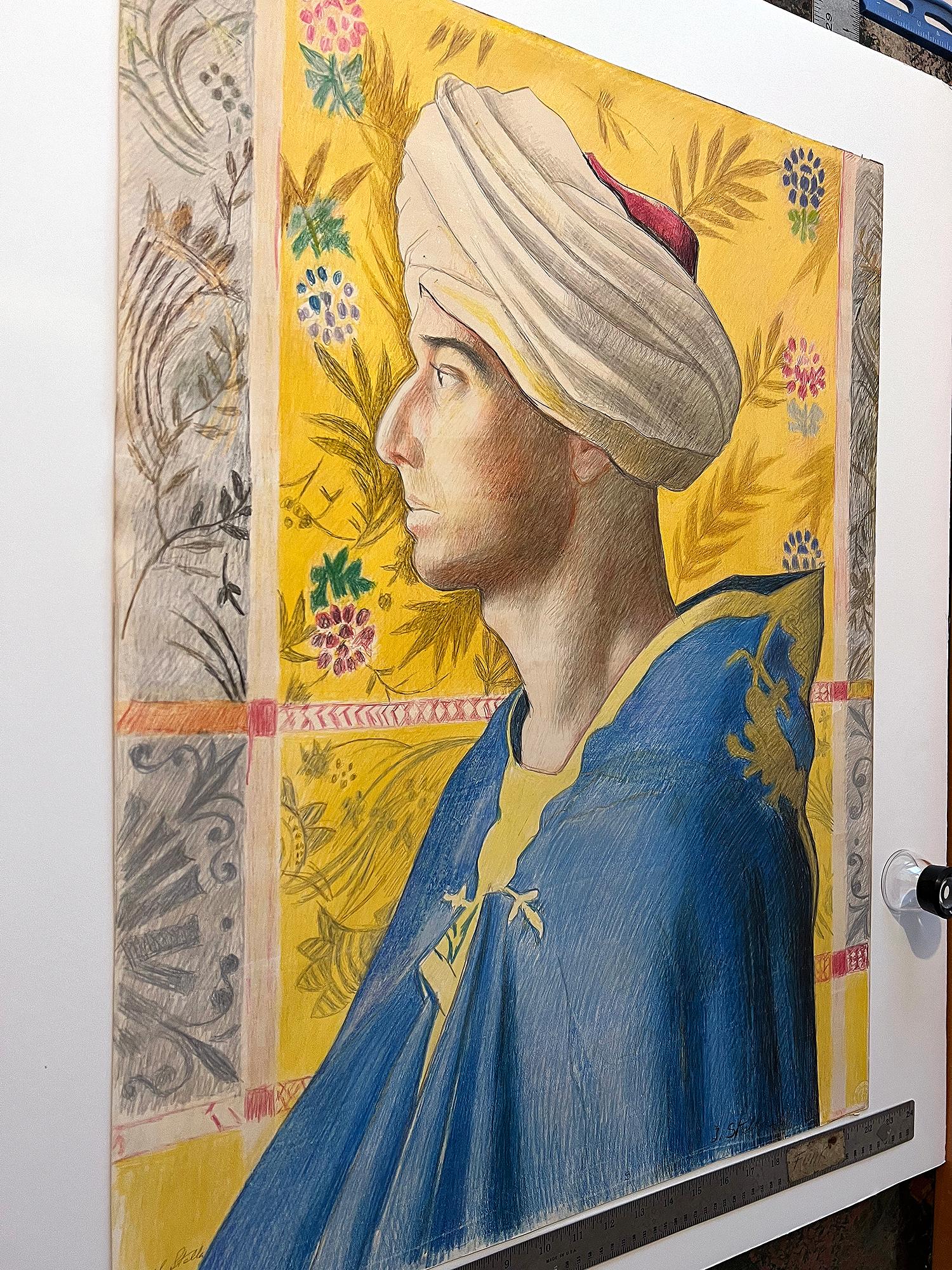 Middle Eastern Man with Turban and Blue Cloak in Profile against Yellow For Sale 9
