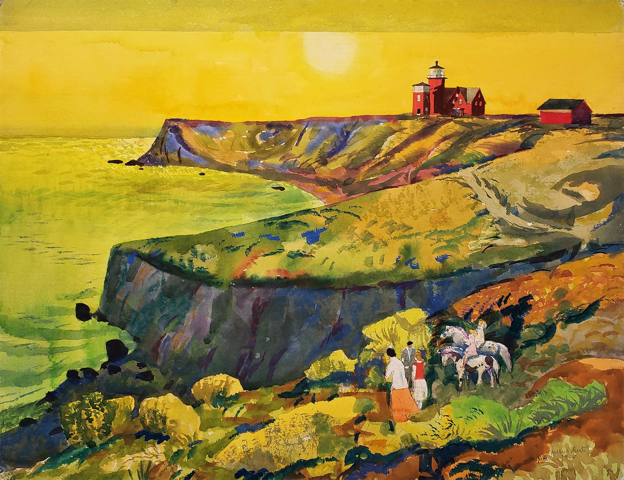 Millard Sheets Animal Art – „Martha's Vineyard“-Sommer  Sonnenuntergang Goldener Himmel und rotes Leuchtturm 